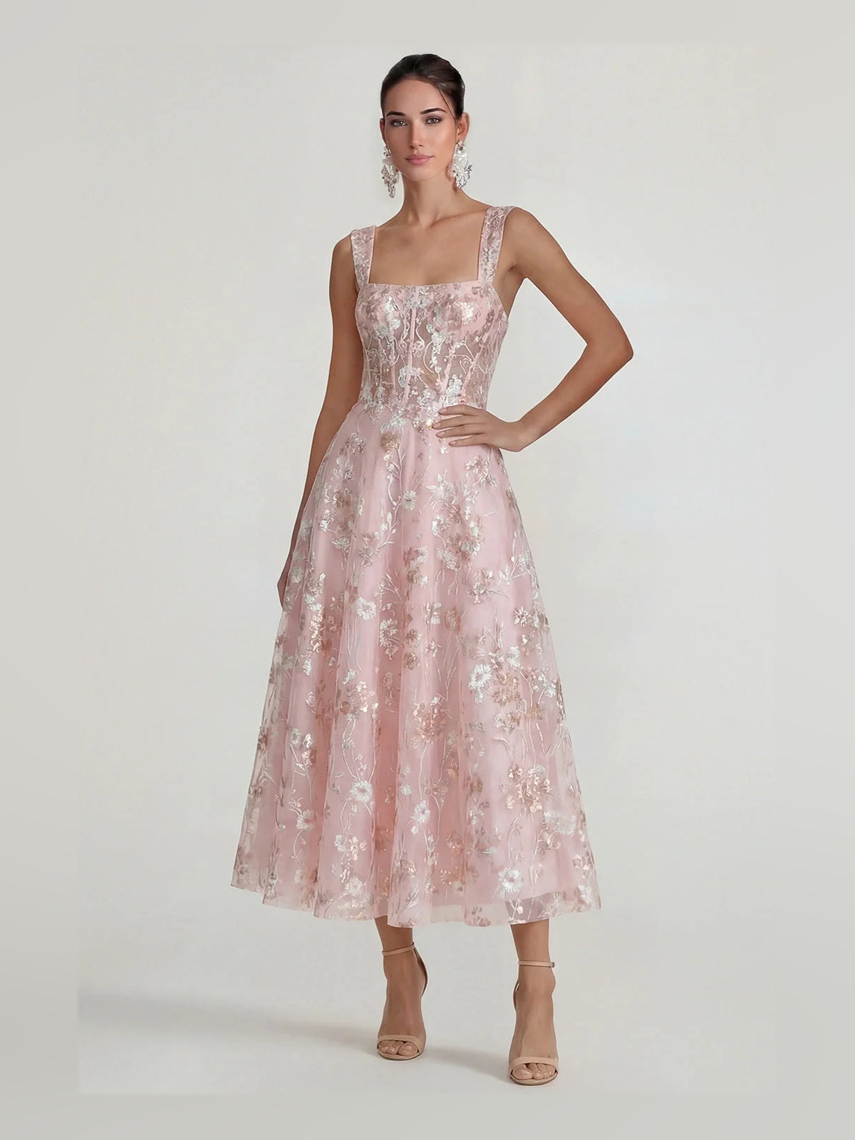 Corset Embroidered Floral Square Neck A-Line Midi Tulle Prom Dress for Charity Ball