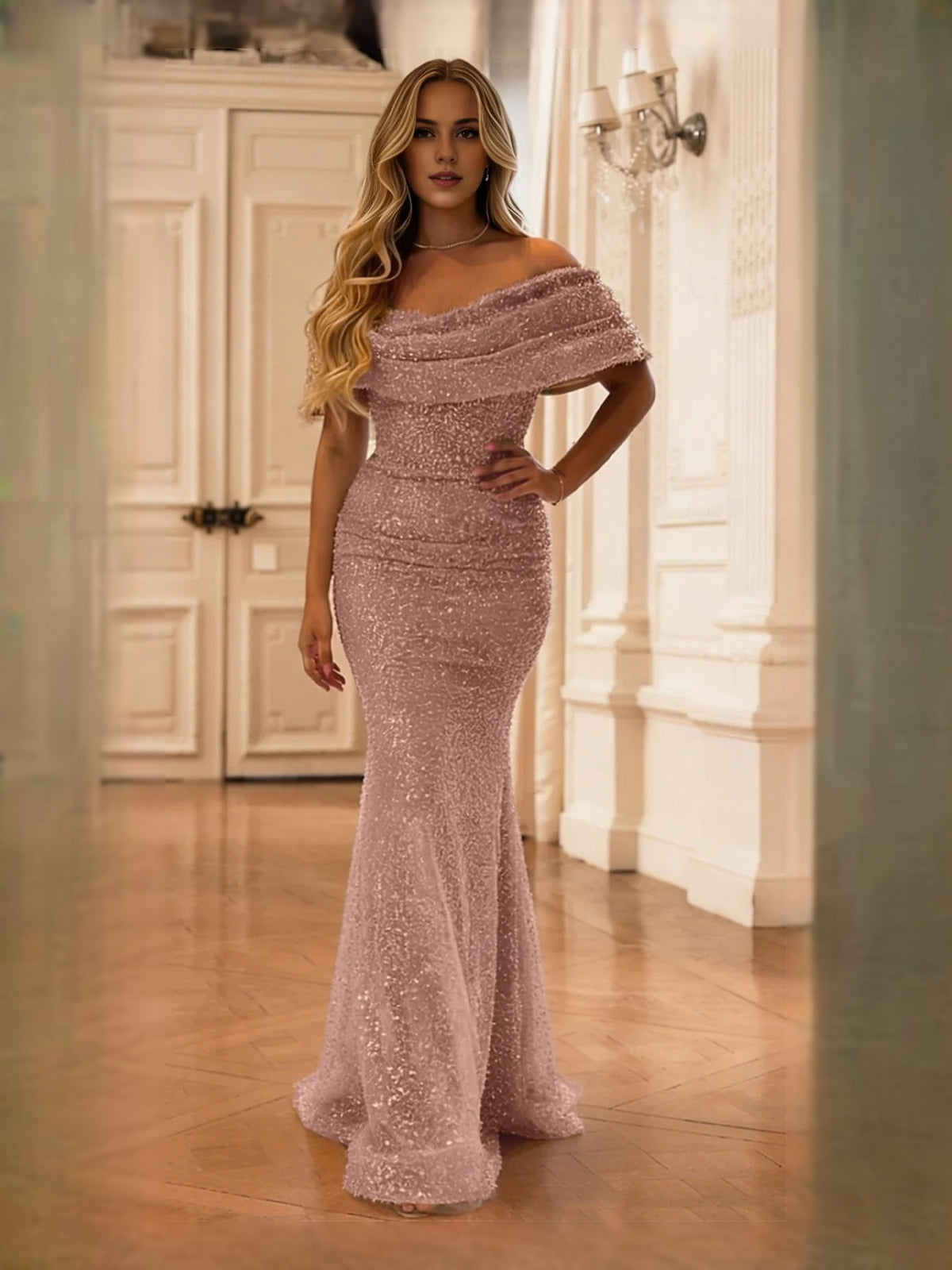 Ruched Ruffled Off Shoulder Mermaid Maxi Tulle Prom Dress for Formal Reception