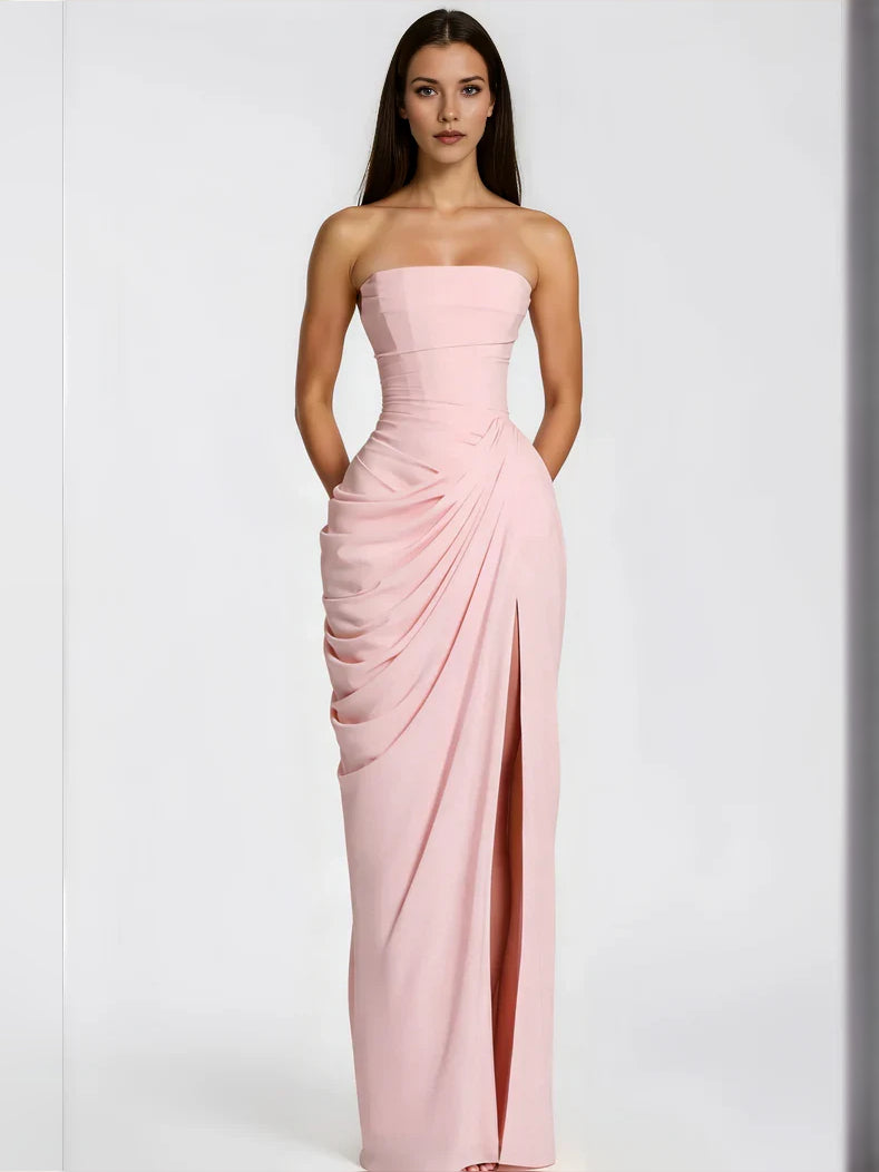 Ruched Draped Slit Strapless Sheath Maxi Chiffon Bridesmaid Dress for Wedding Reception