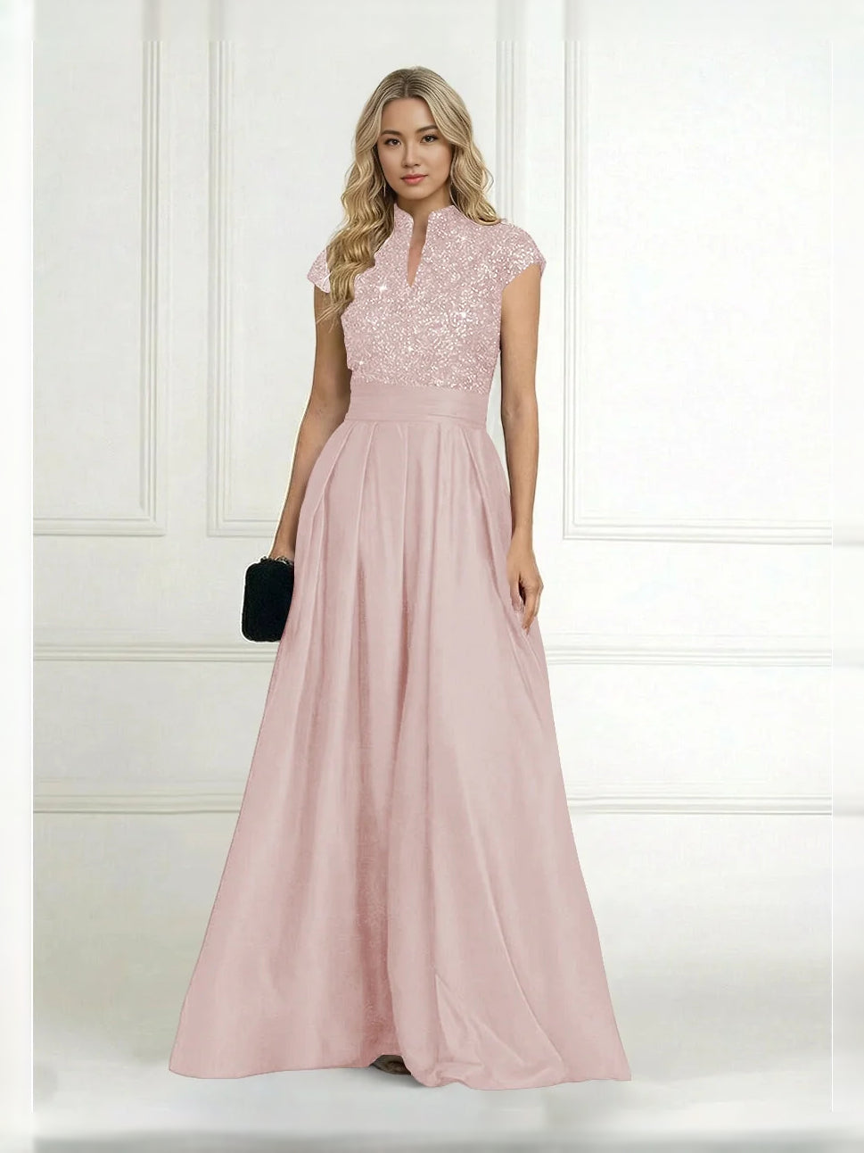 Pleated Sequin High Neck A-Line Floor-Length Satin Mother of the Bride Dress for Ceremony Dinner