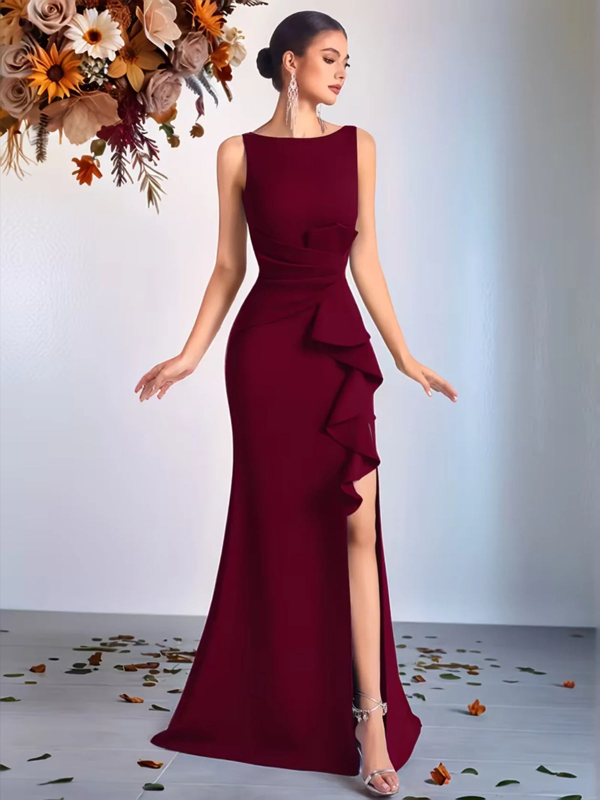 Ruffled Slit Backless Round Neck Sheath Floor-Length Prom Dress for Gala