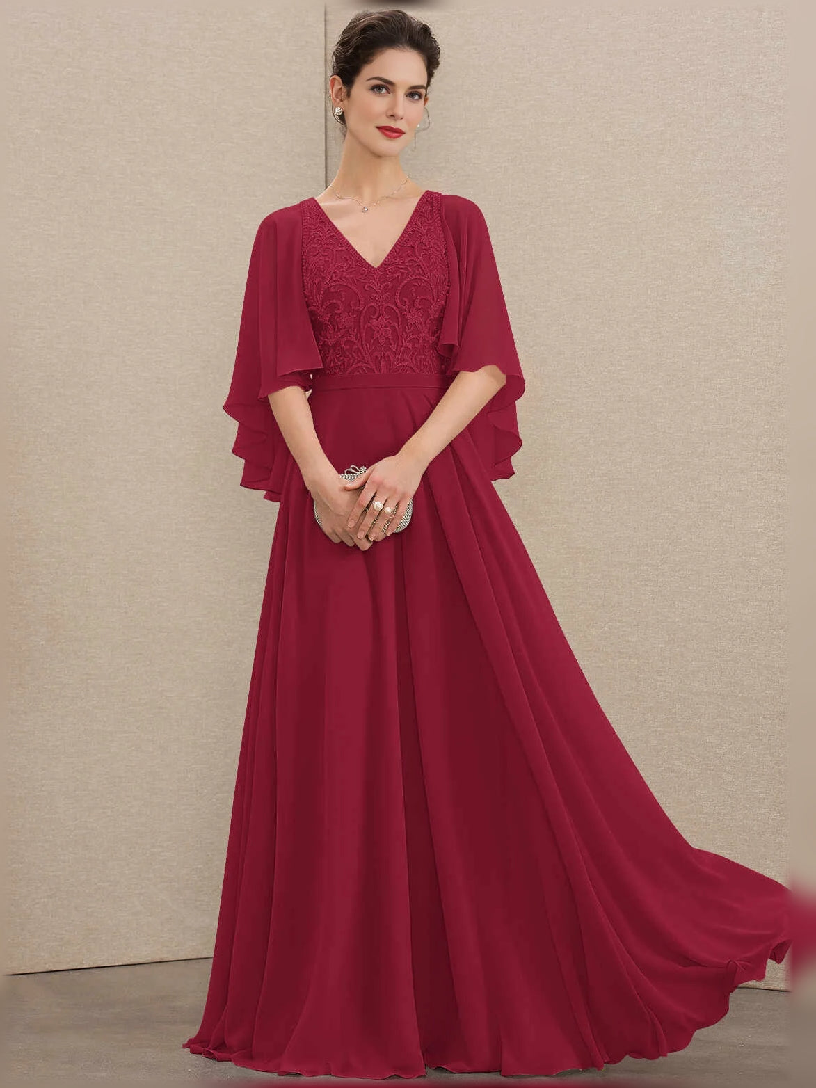 Embroidered V Neck A-Line Floor-Length Chiffon Mother of the Bride Dress for Church Wedding