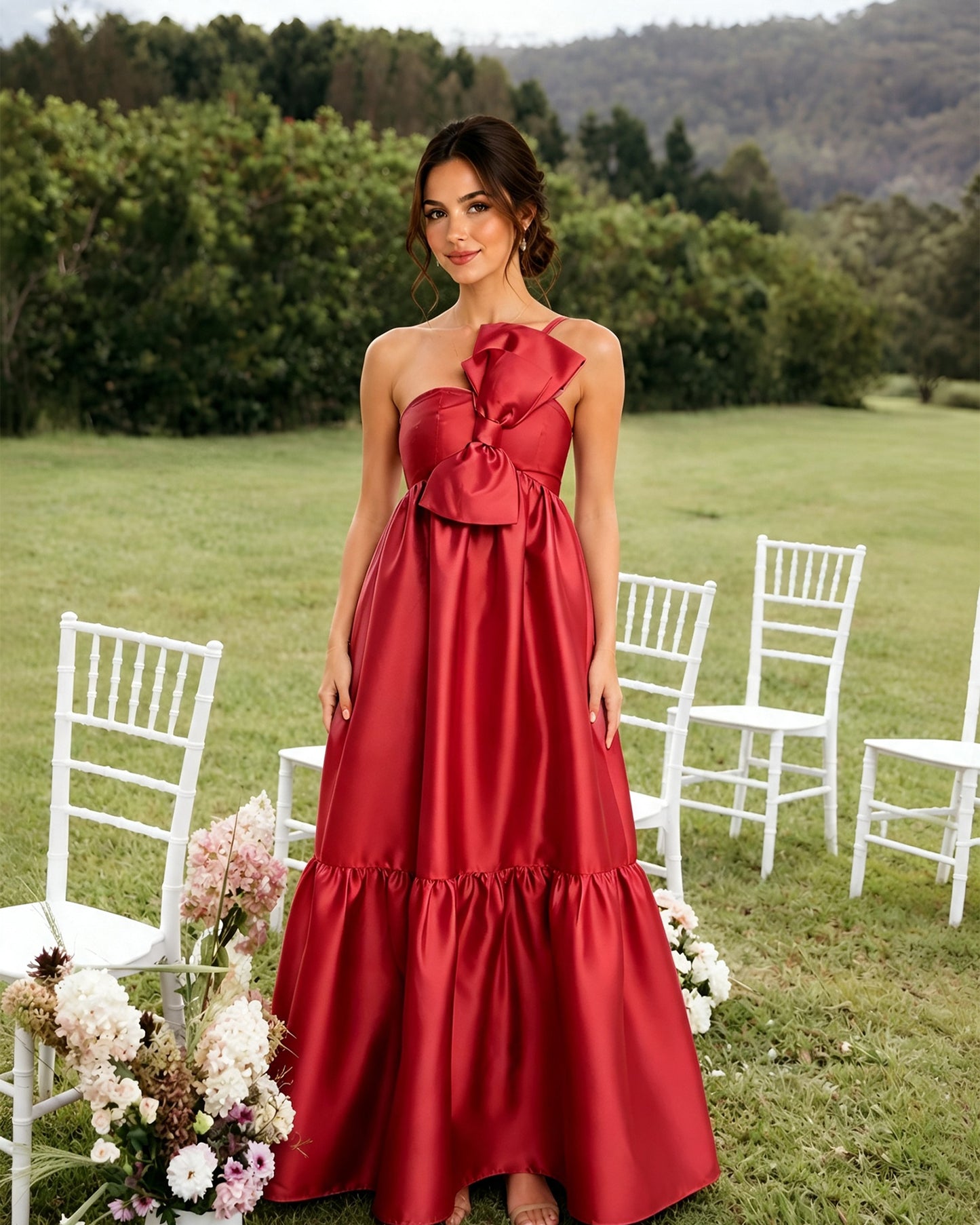 One-Shoulder Satin A-Line Bridesmaid Dress with Statement Ruffle