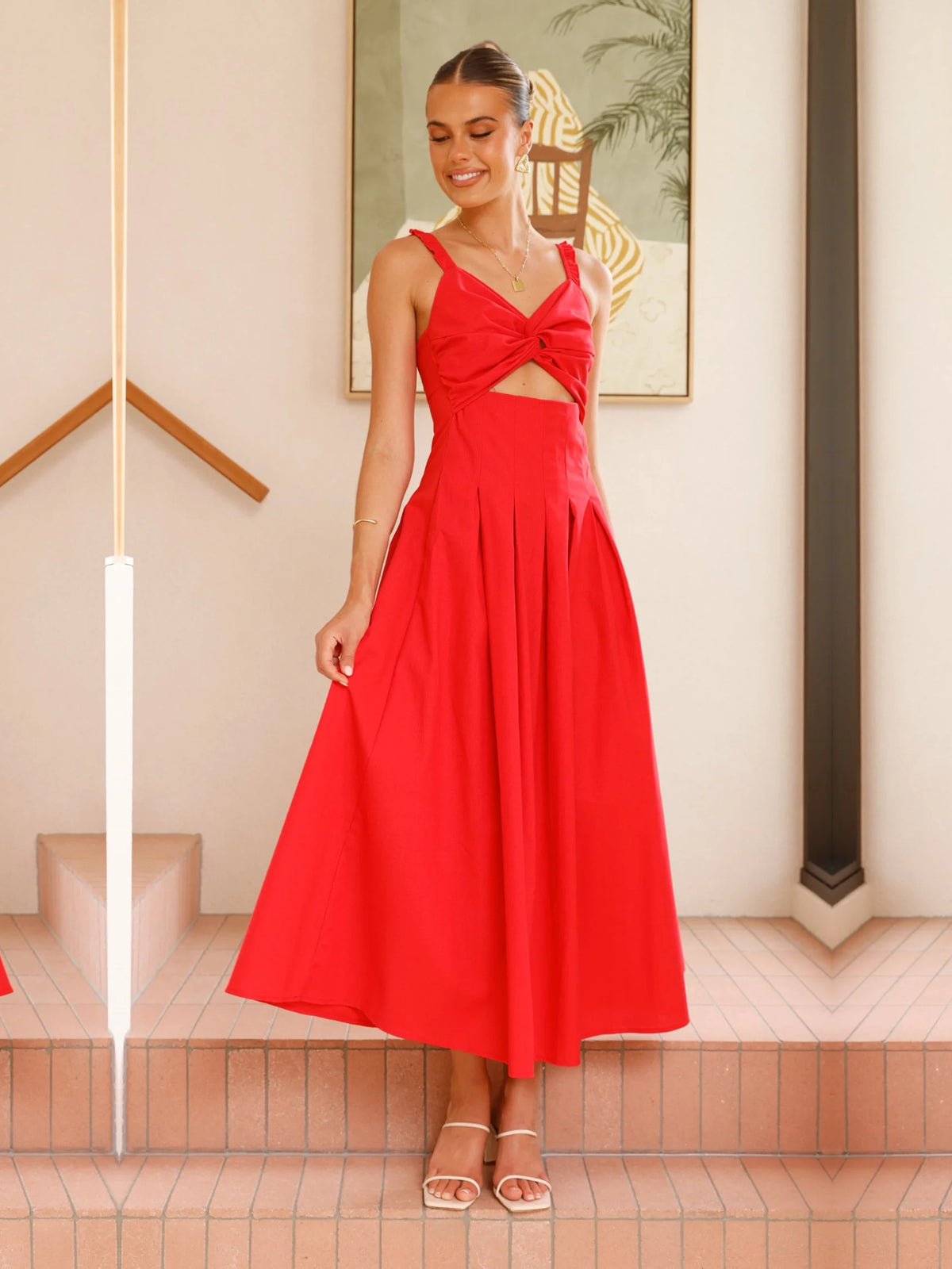 Red V Neck Spaghetti Strap Pleats Maxi Formal Dress