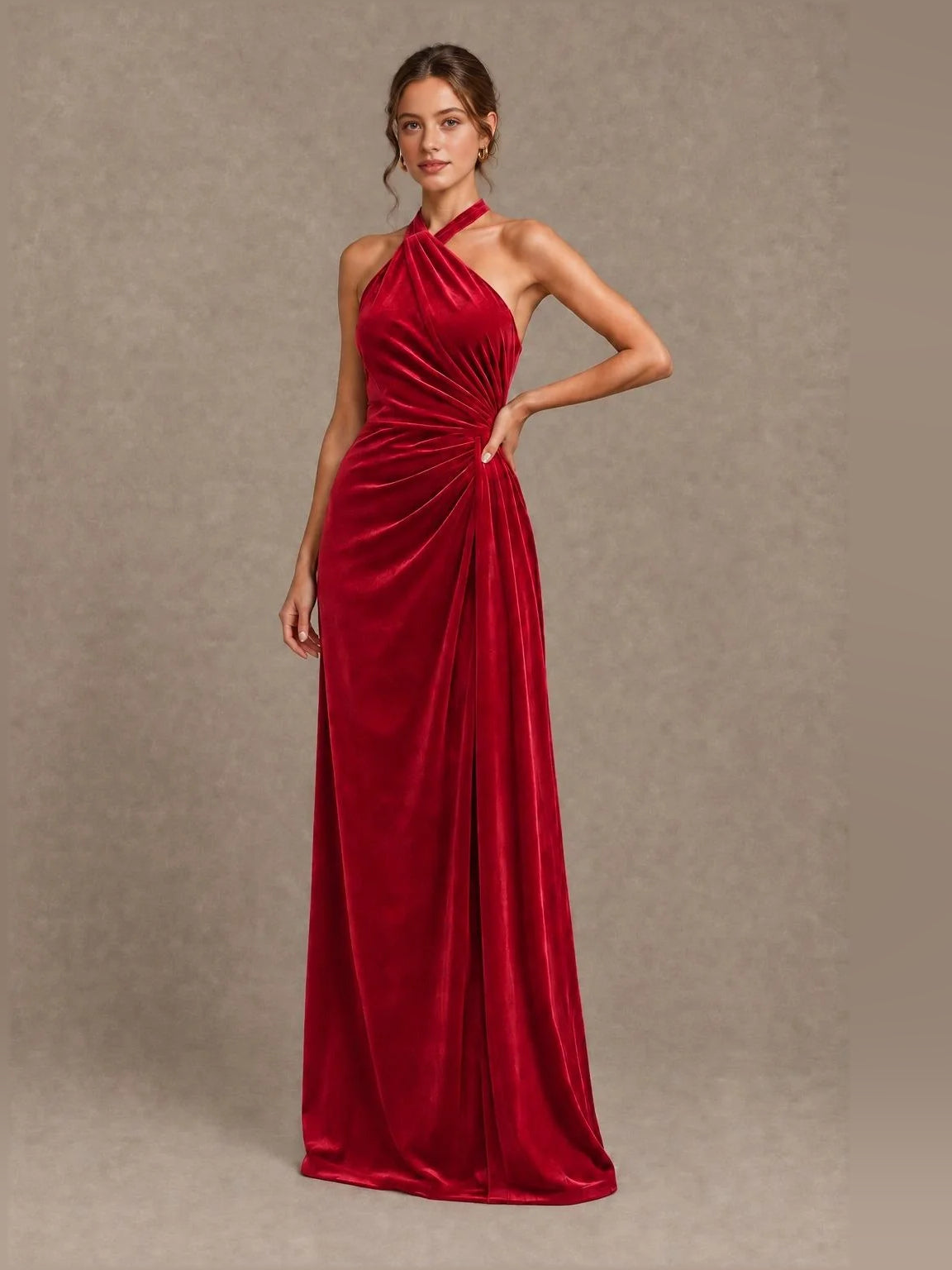 Ruched Draped V Neck Sheath Floor-Length Velvet Bridesmaid Dress for Formal Wedding