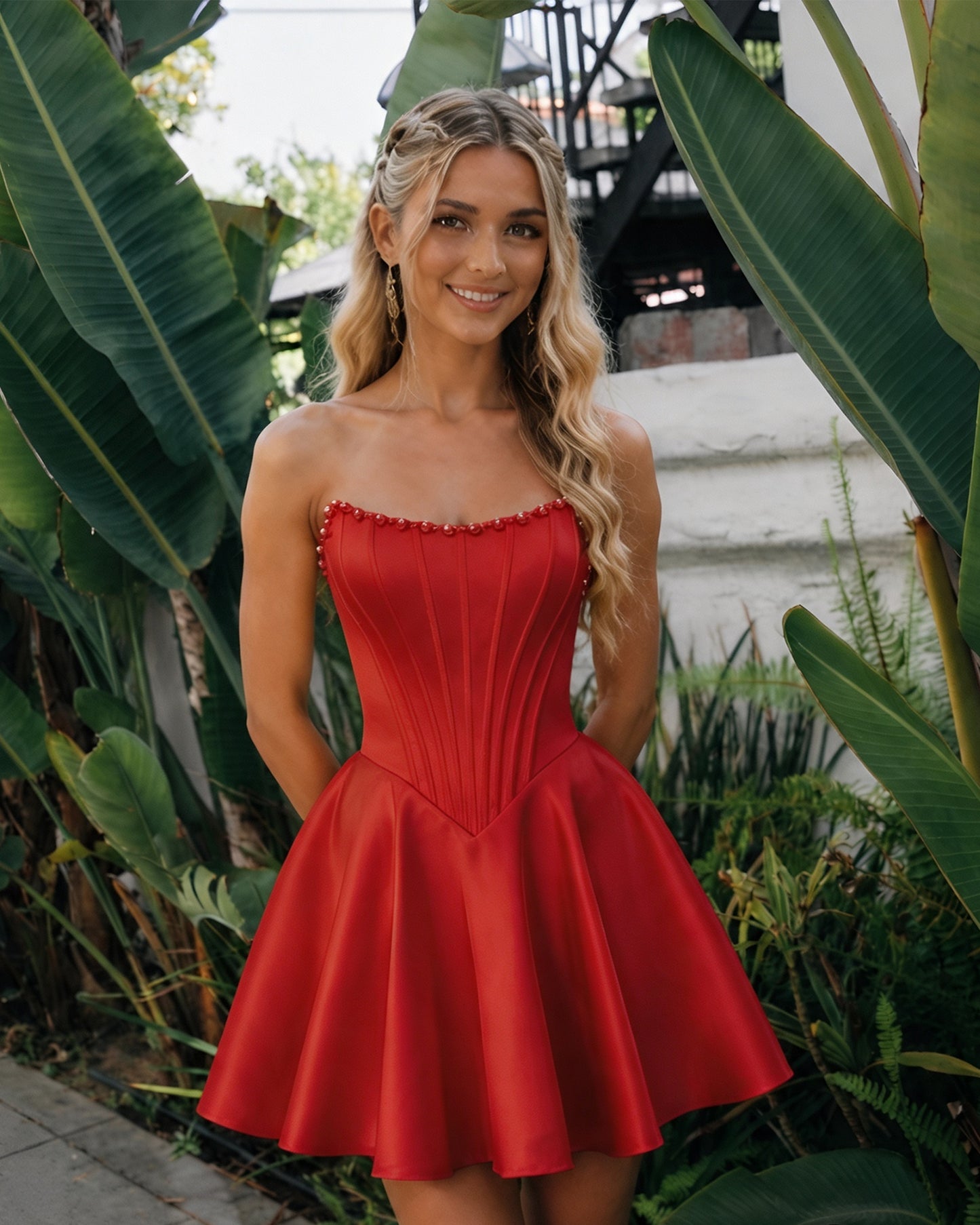 Strapless Pearl Trim Satin Corset Homecoming Dress