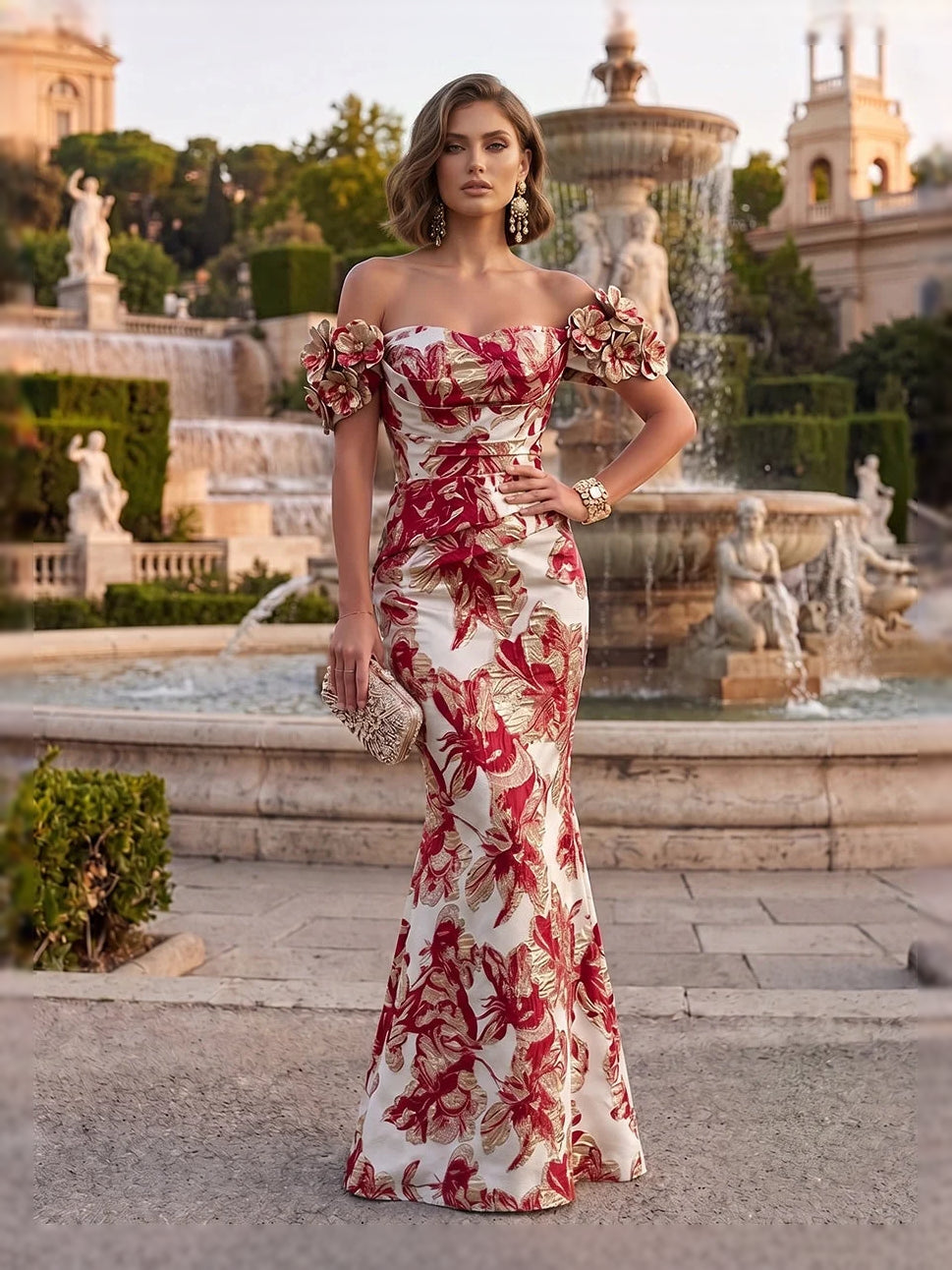 Ruched Flower-Applique Floral Off Shoulder Mermaid Floor-Length Mother of the Bride Dress for Bridal Luncheon