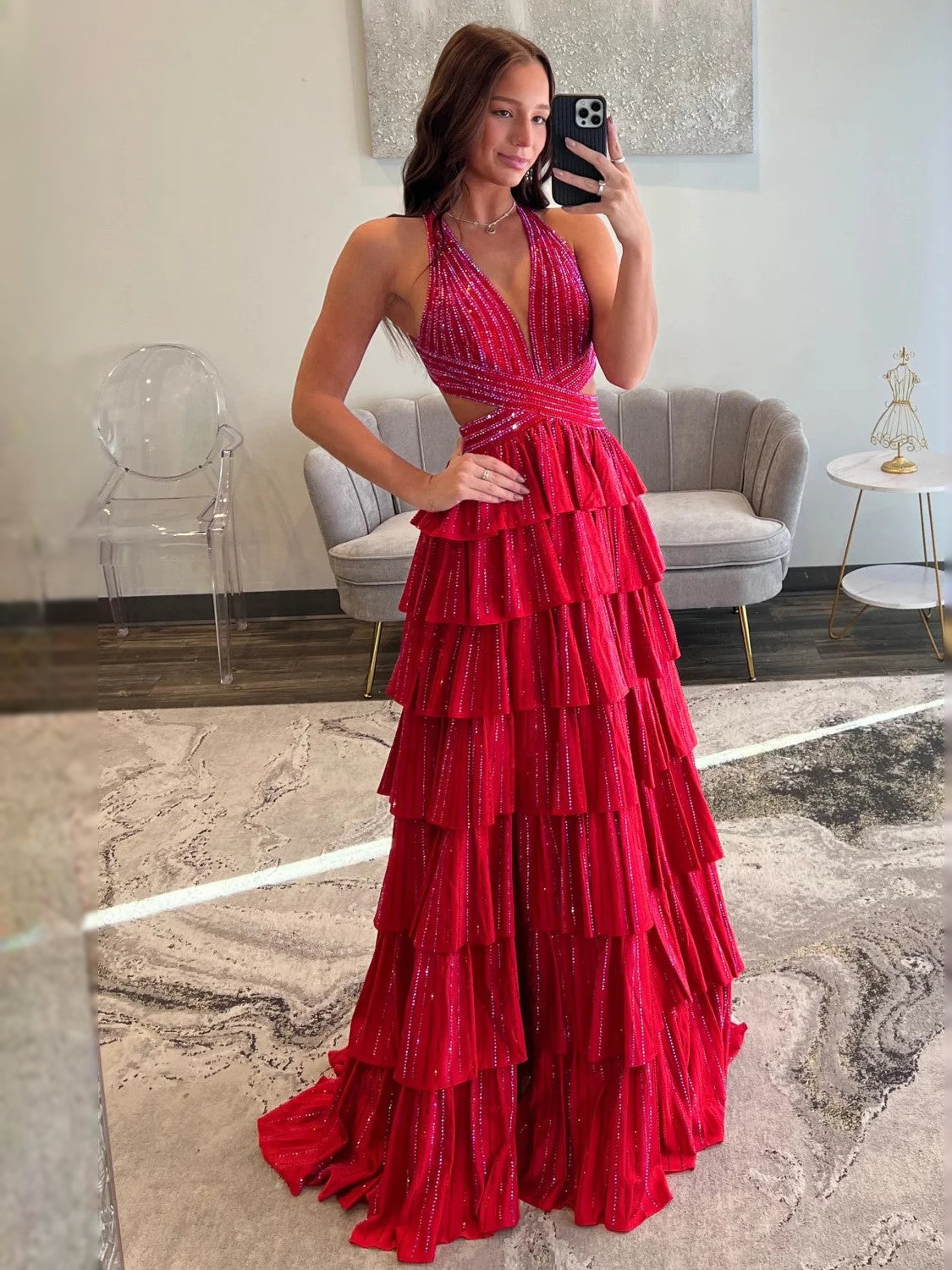 Tiered Beaded Slit V Neck A-Line Floor-Length Prom Dress for Awards Dinner