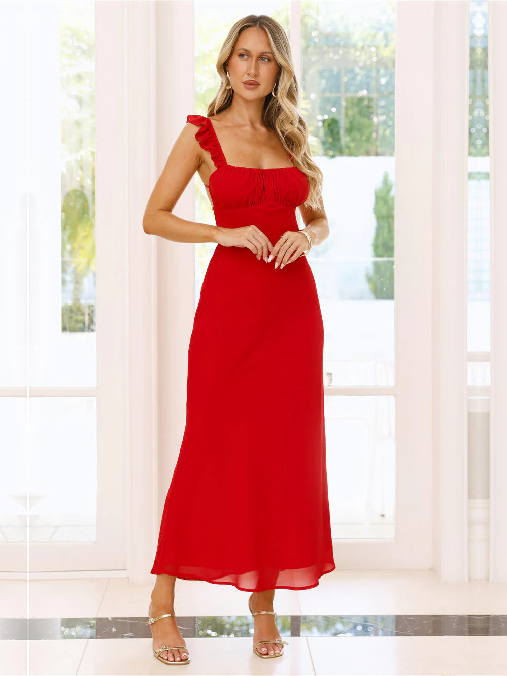 Red One-Shoulder Ruffles A-Line Maxi Formal Dress