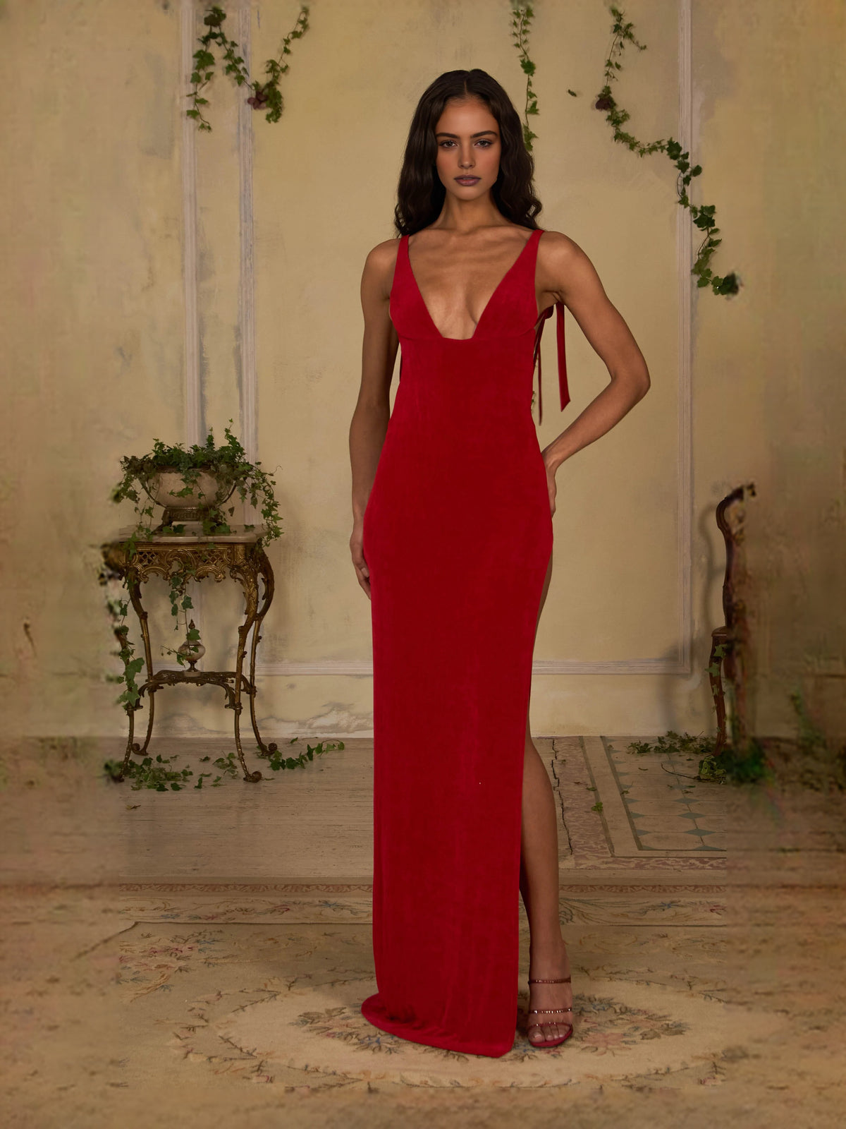 Red Side-Slit Back-Slit Slit V Neck Mermaid Floor-Length Velvet Prom Dress for Evening Ceremony