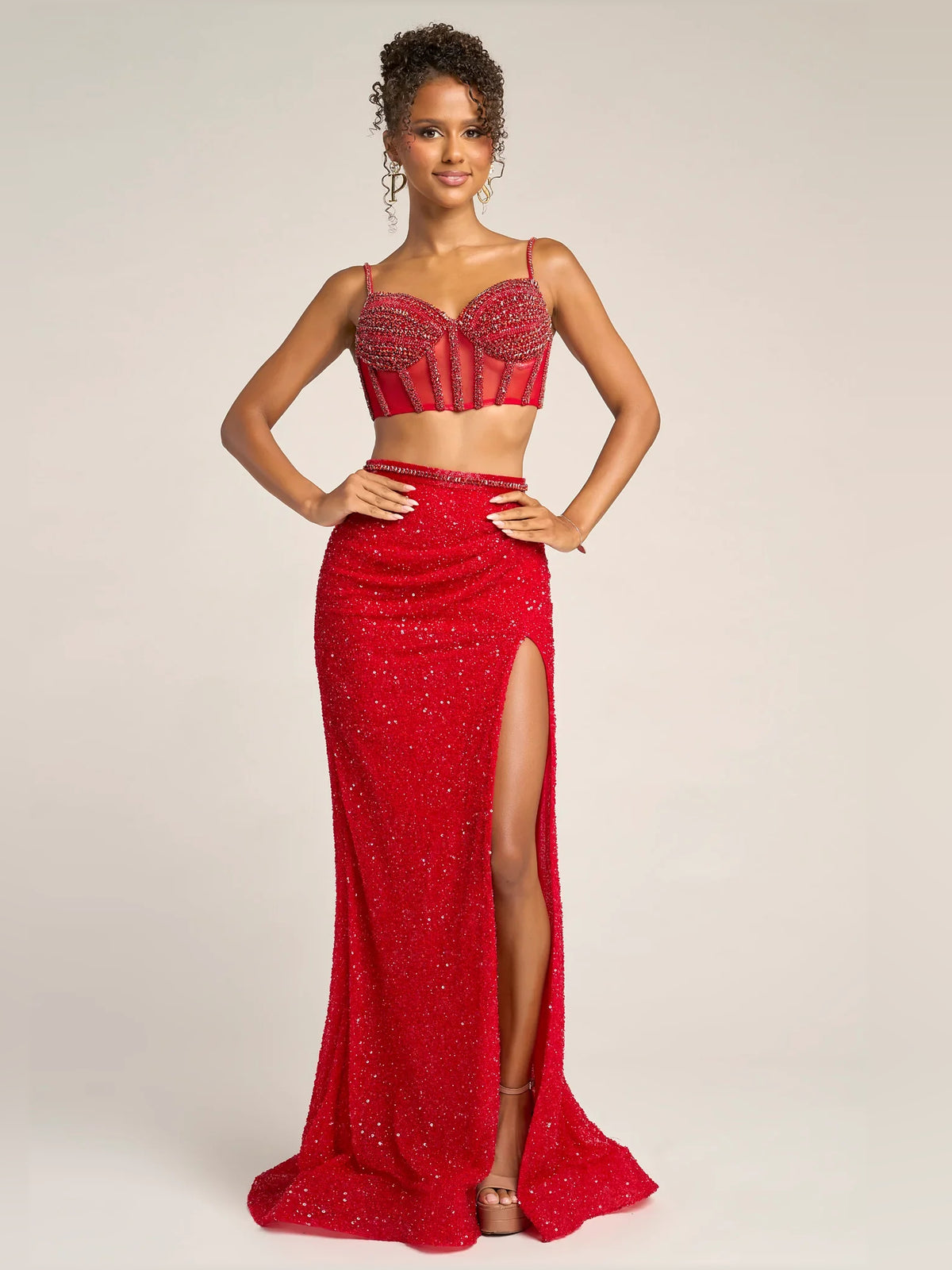 Spaghetti Strap Beaded Two-Piece Floor-Length Formal Dress
