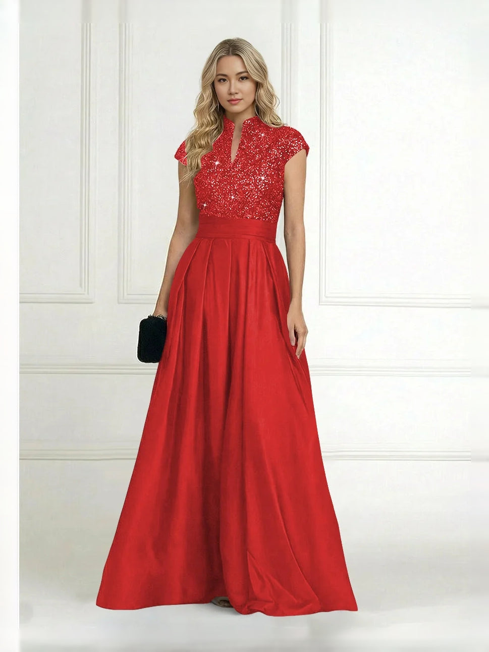 Pleated Sequin High Neck A-Line Floor-Length Satin Mother of the Bride Dress for Ceremony Dinner