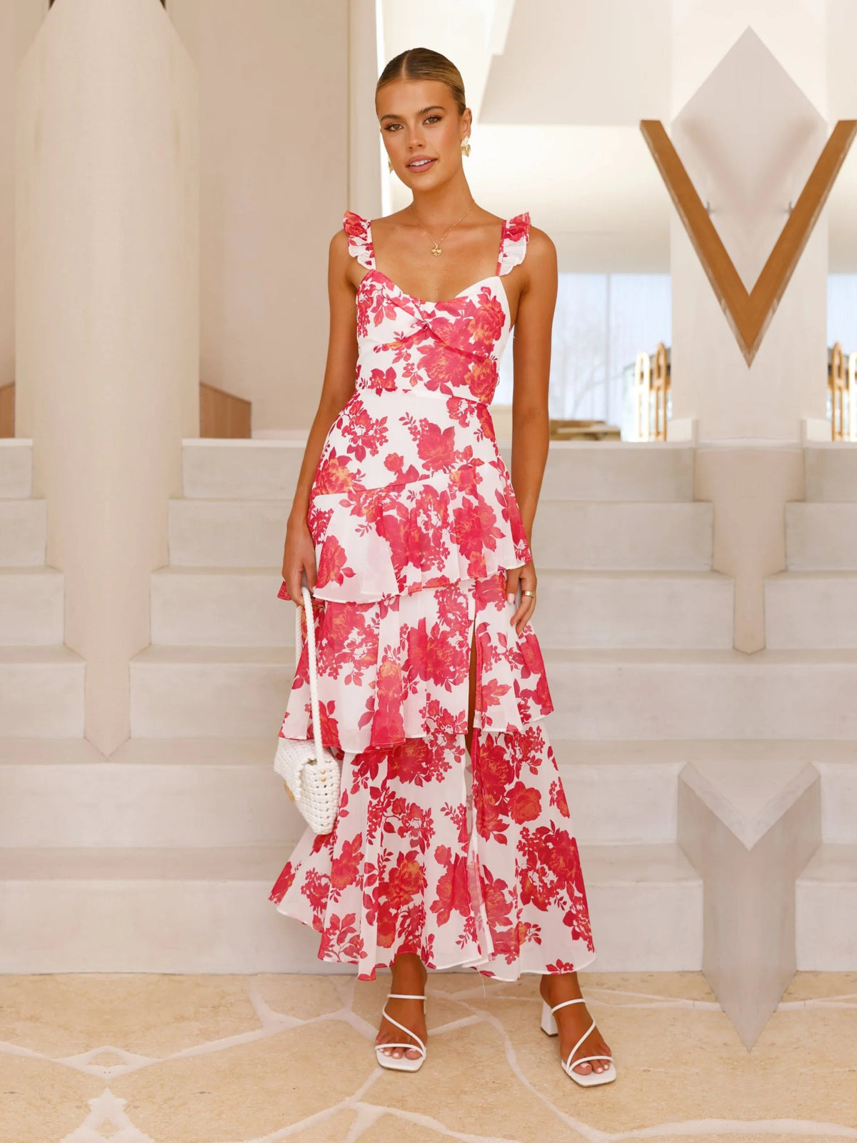 Red Floral Square Neck A-Line Maxi Formal Dress
