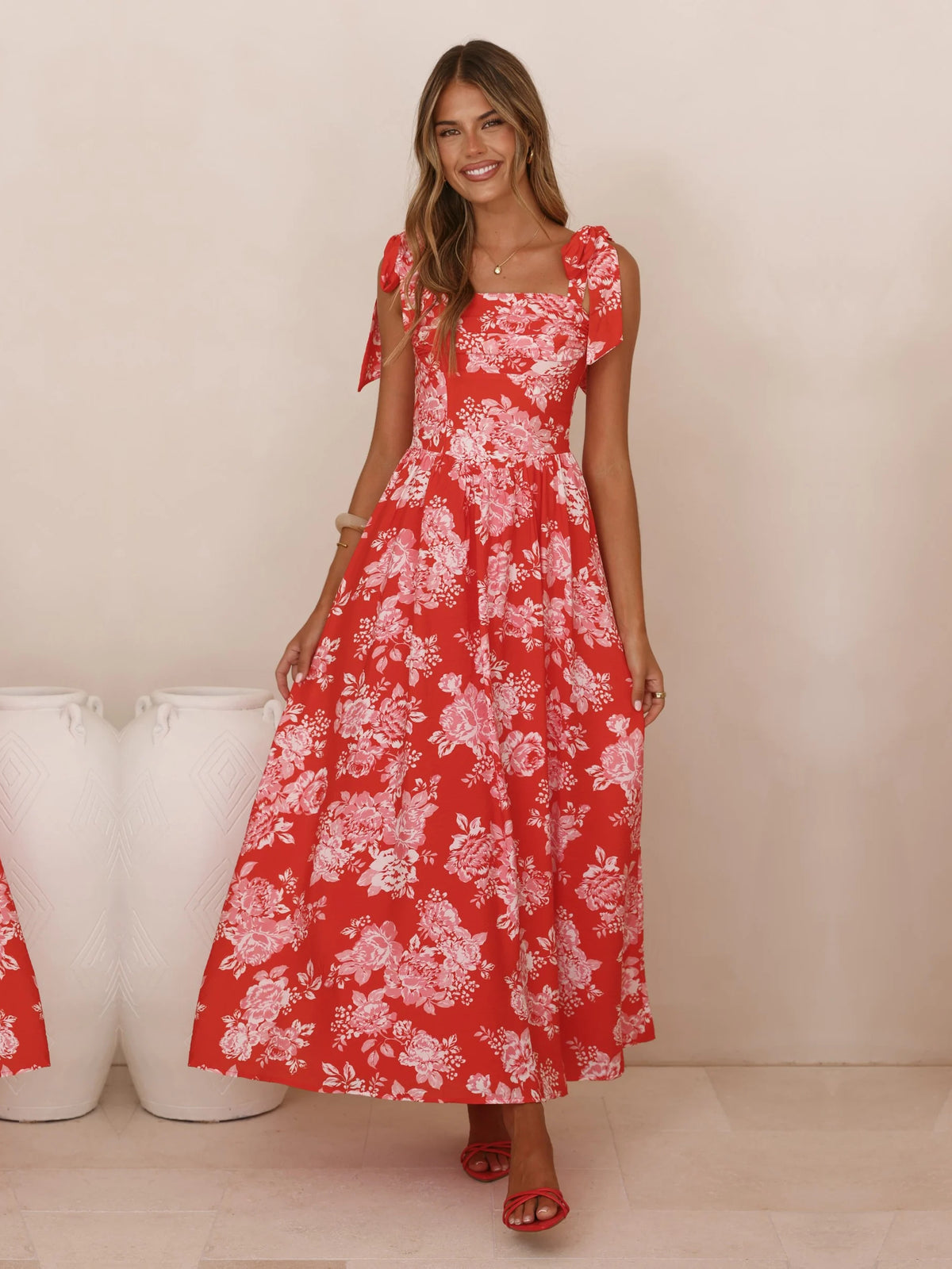 Red Floral V Neck A-Line Maxi Formal Dress