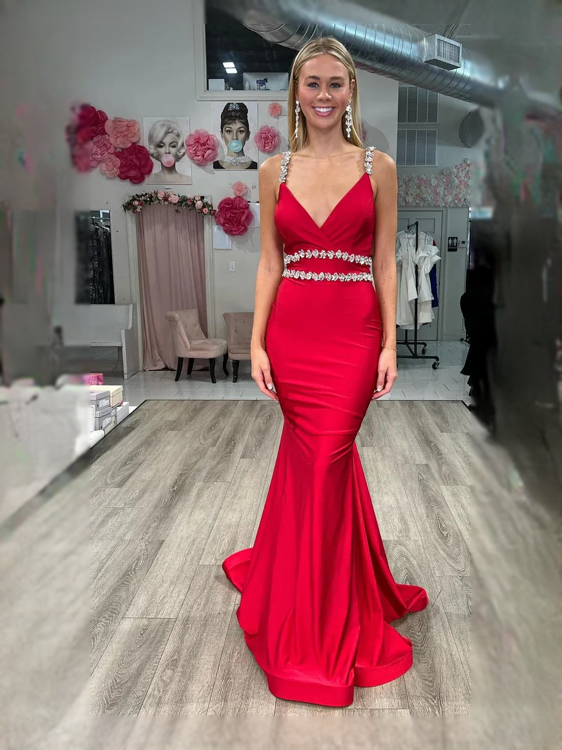 Red Ruched Draped Backless V Neck Mermaid Maxi Satin Prom Dress for Charity Ball