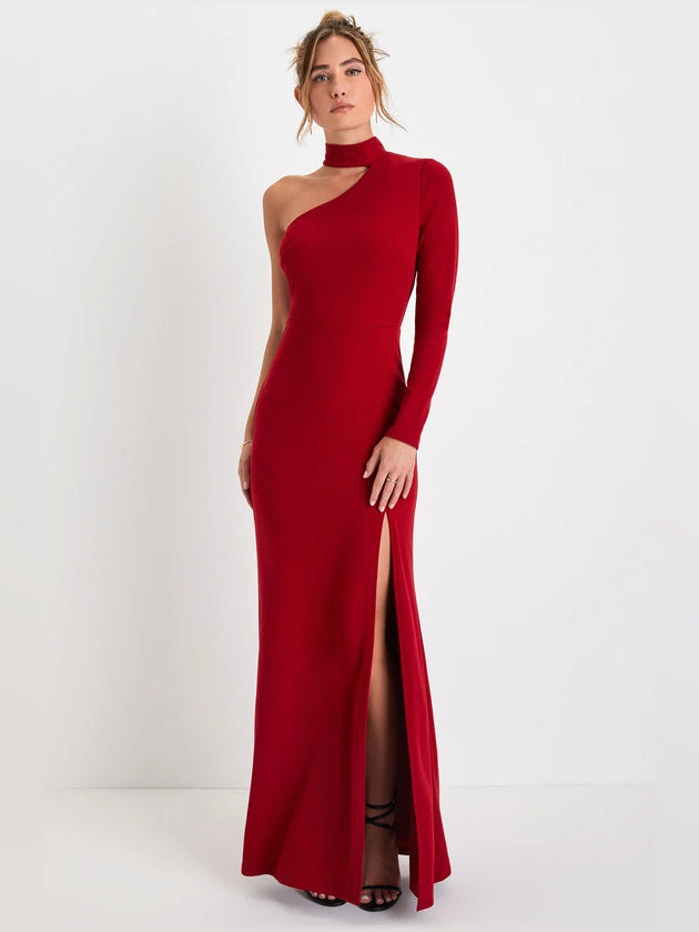 Red One-Shoulder Slit Cutout Maxi Formal Dress
