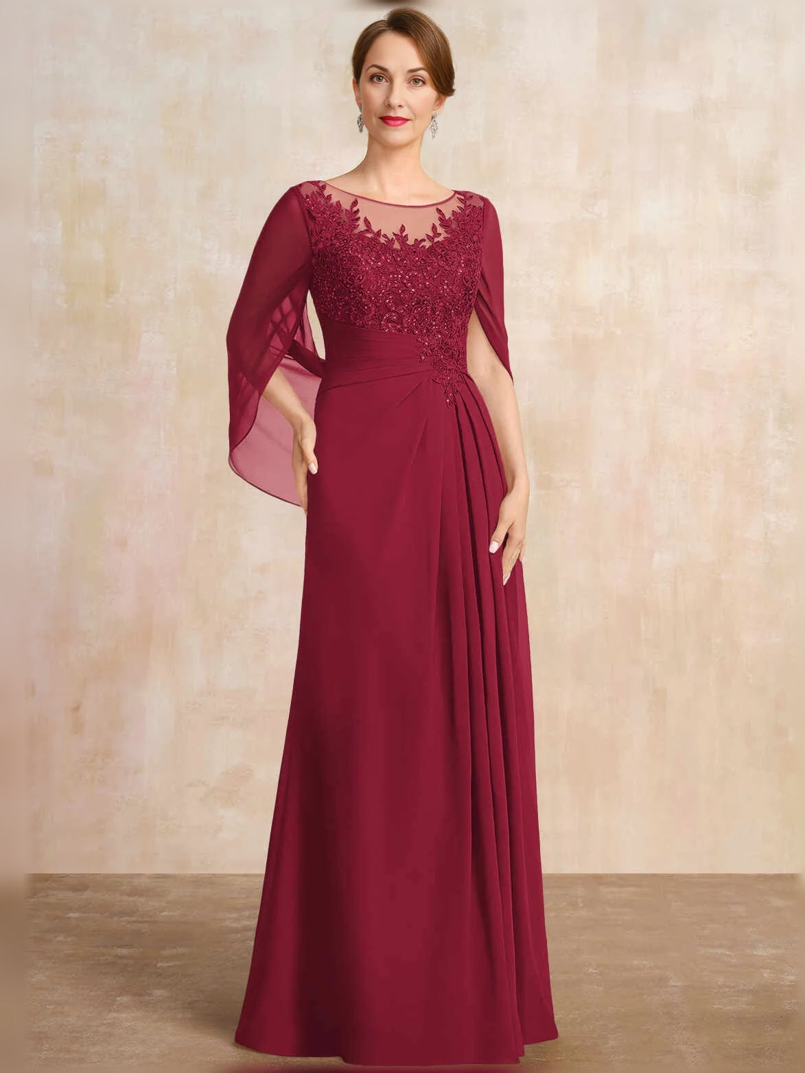Pleated Draped Illusion Neck A-Line Floor-Length Chiffon Mother of the Bride Dress for Church Wedding