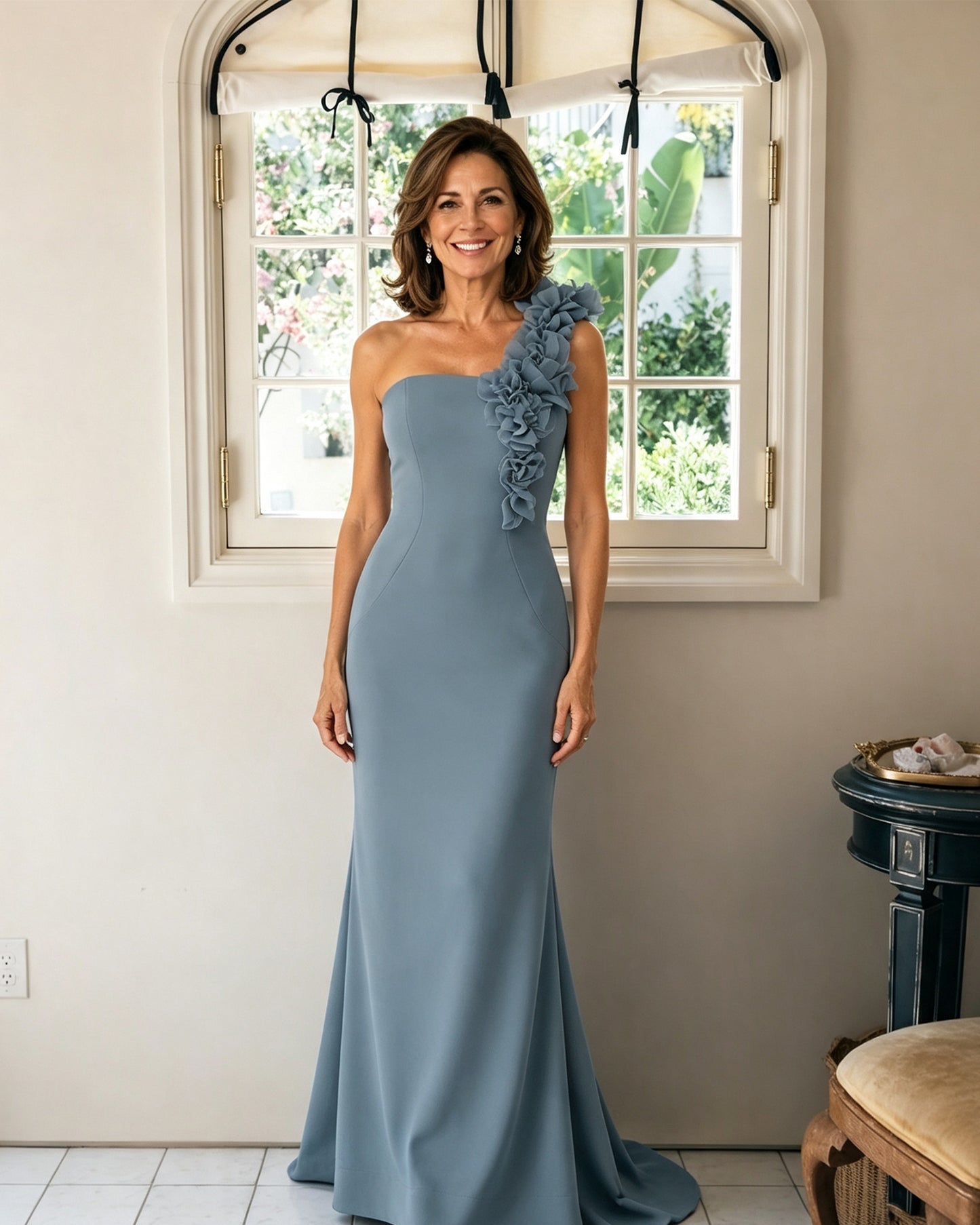 One-Shoulder Floral Applique Mermaid Mother of the Bride Dress