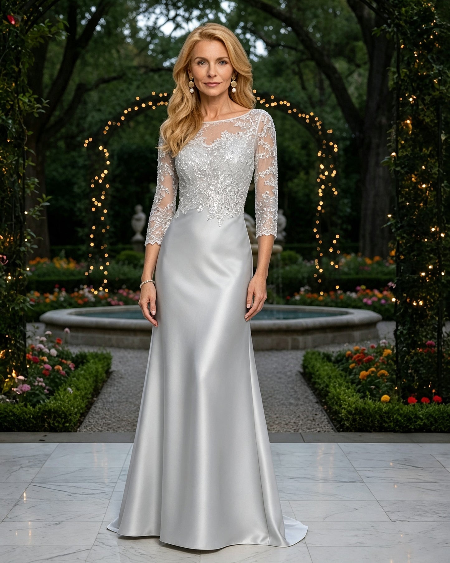 Illusion Lace and Satin Mother of the Bride Dress with Beaded Bodice
