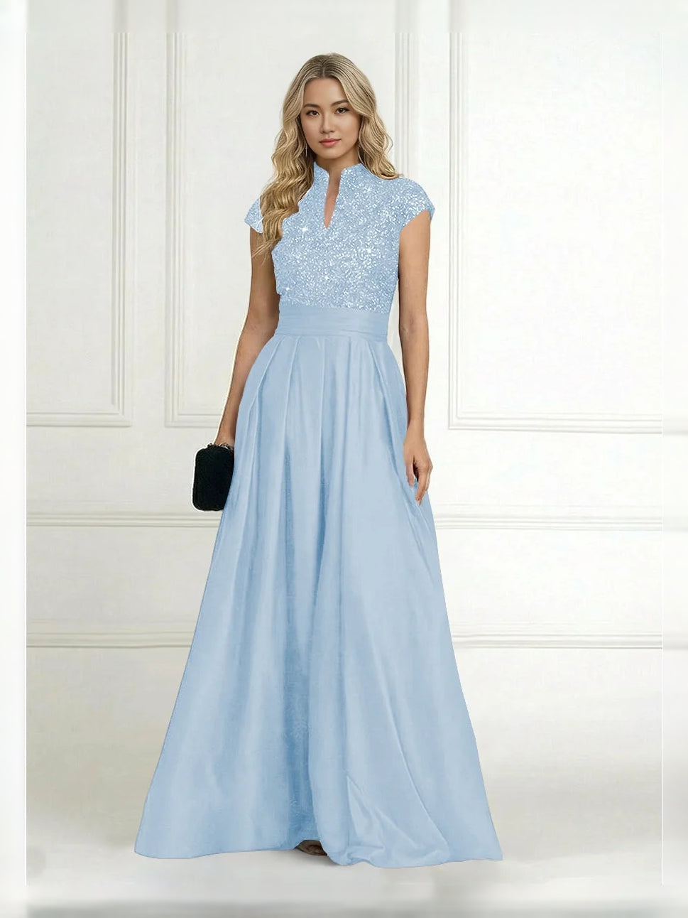 Pleated Sequin High Neck A-Line Floor-Length Satin Mother of the Bride Dress for Ceremony Dinner