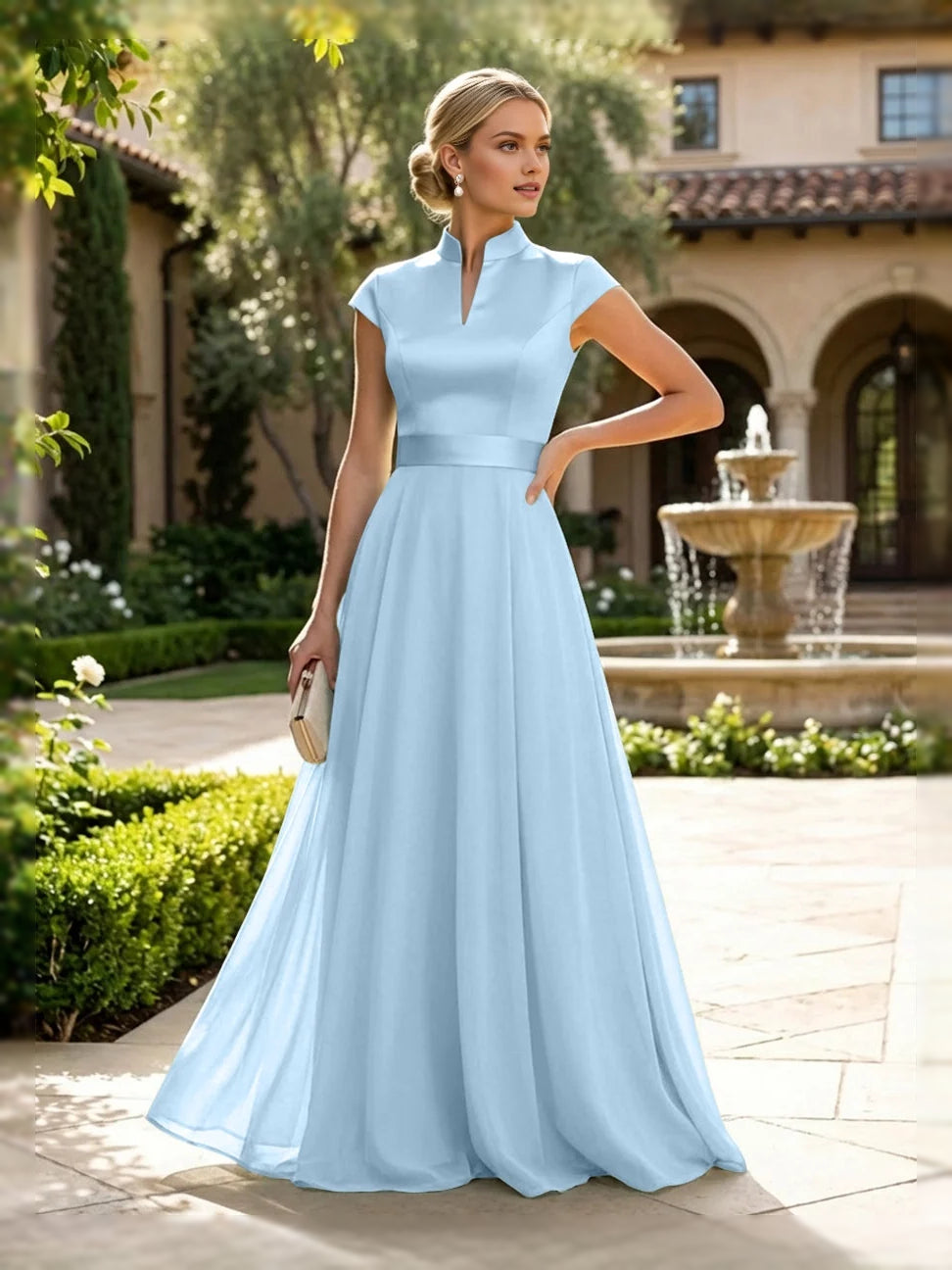 Slit High Neck A-Line Floor-Length Satin Mother of the Bride Dress for Bridal Luncheon
