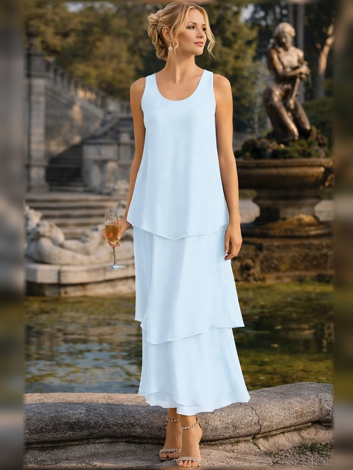 Layered Scoop Neck A-Line Maxi Chiffon Mother of the Bride Dress for Seaside Wedding