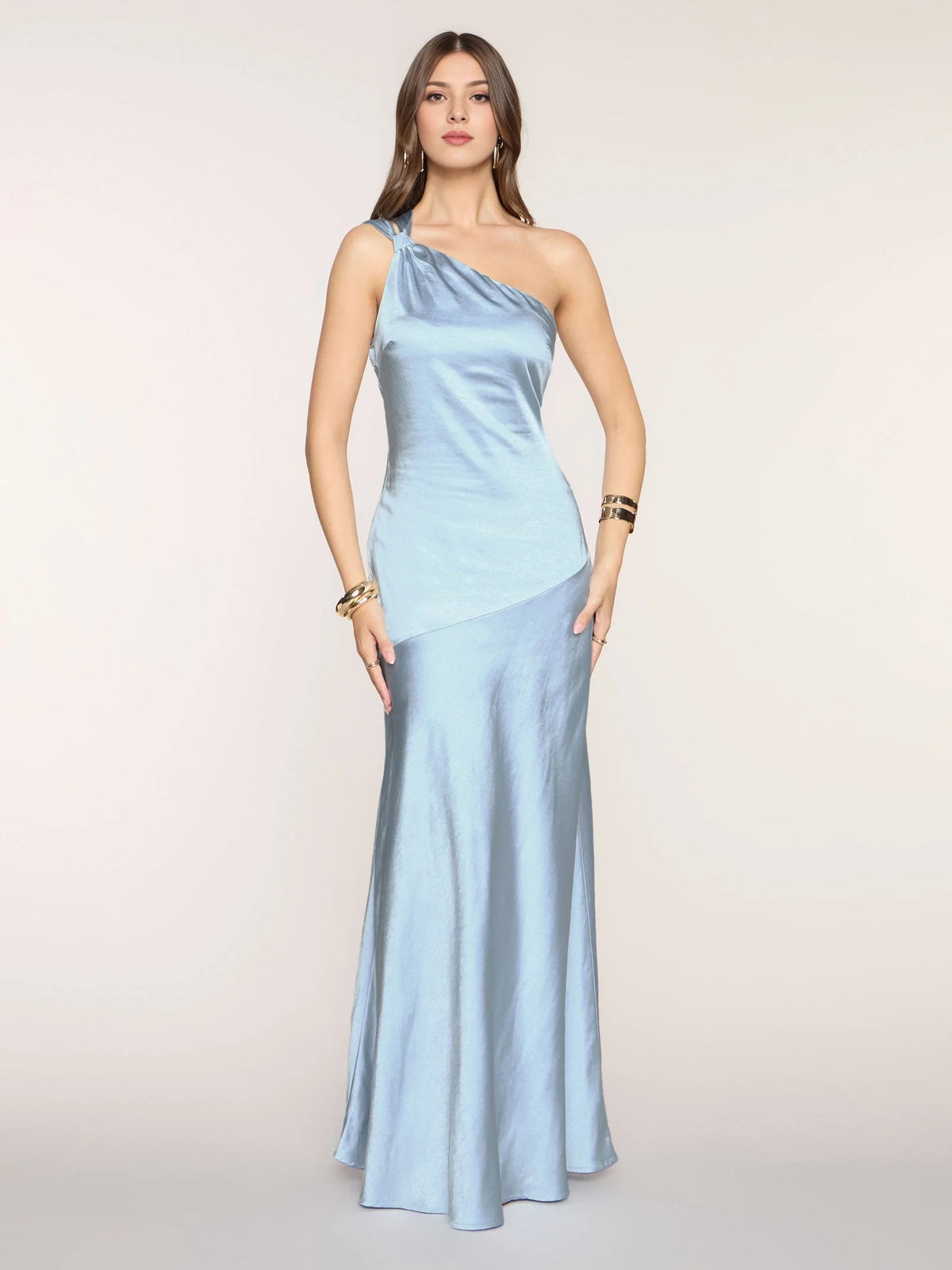 Draped Asymmetrical Neck Sheath Maxi Satin Prom Dress for Evening Event