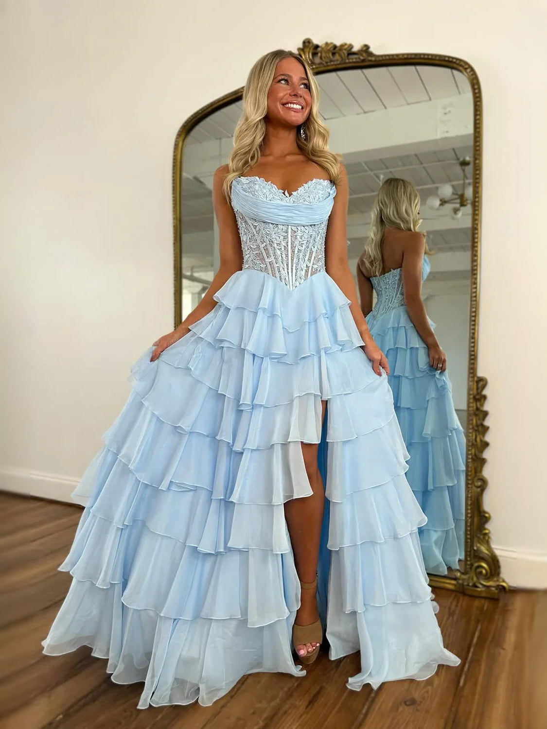 Corset Side-Slit Ruffled Slit Strapless A-Line High-Low Chiffon Prom Dress for Pageant