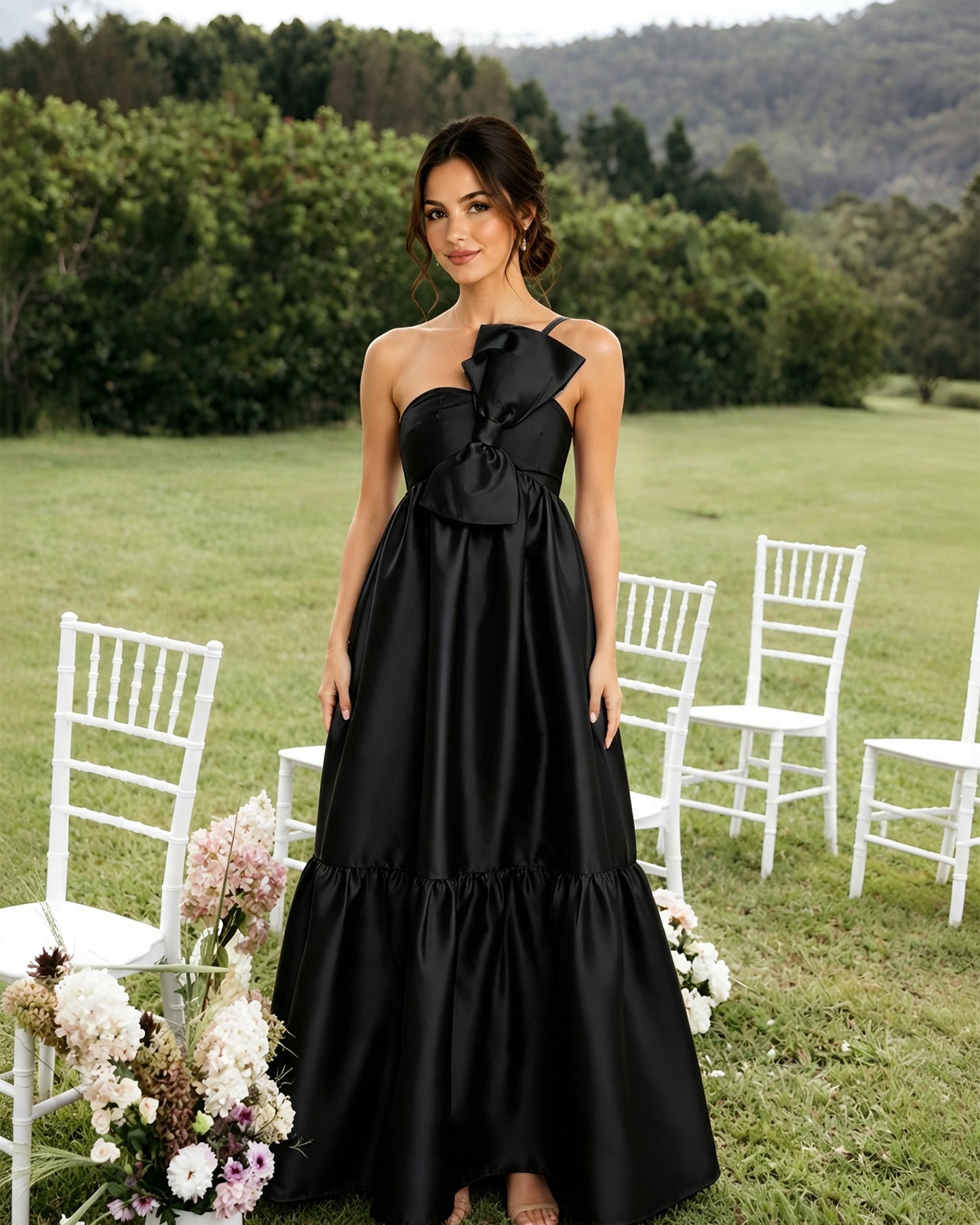 One-Shoulder Satin A-Line Bridesmaid Dress with Statement Ruffle