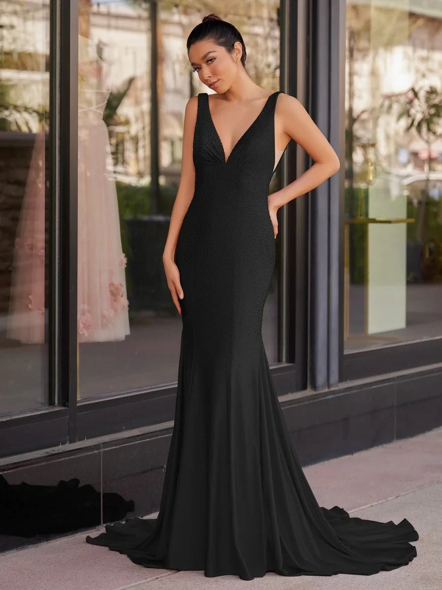 Beaded V Neck Mermaid Maxi Prom Dress for Evening Event
