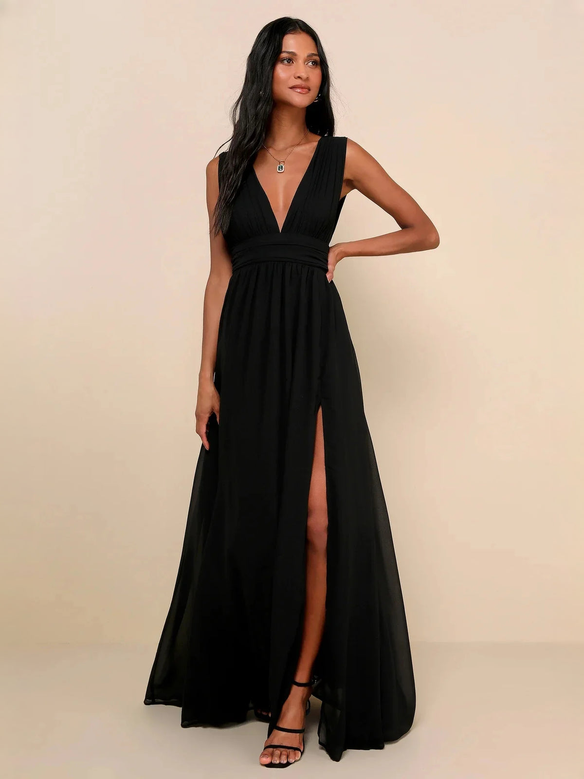 Ruched Pleated Slit V Neck A-Line Maxi Satin Bridesmaid Dress for Estate Wedding