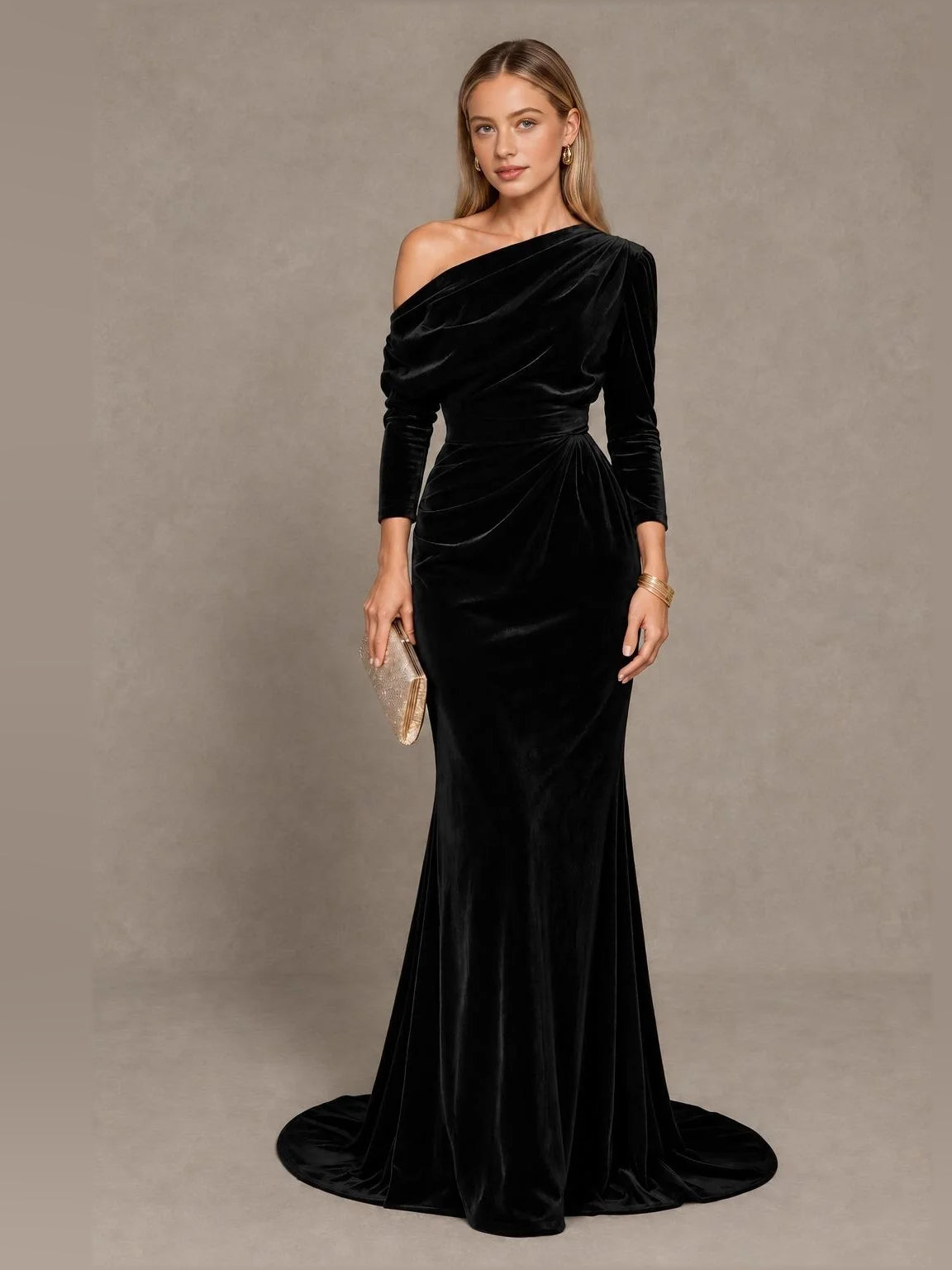 Draped One Shoulder Mermaid Floor-Length Velvet Bridesmaid Dress for Bridal Party