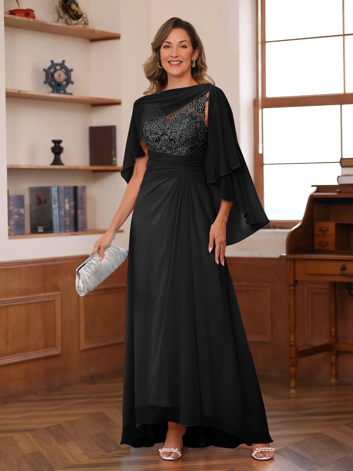 Ruched Floral Bateau Neck A-Line Floor-Length Chiffon Mother of the Bride Dress for Wedding Weekend