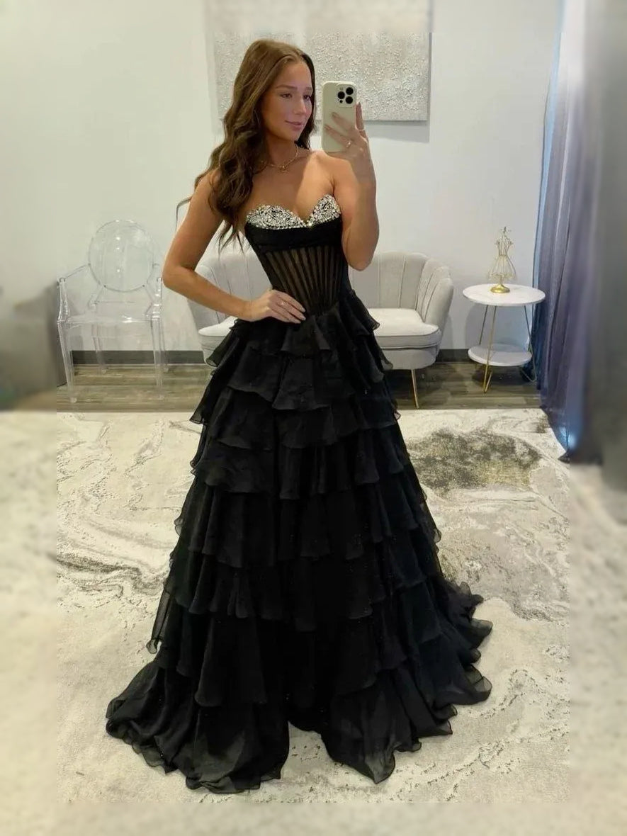 Black Corset Tiered Ruffled Slit Sweetheart Ball-Gown Floor-Length Satin Prom Dress for Senior Prom