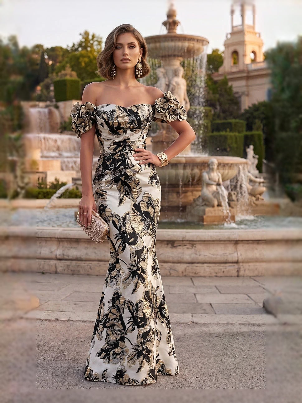 Ruched Flower-Applique Floral Off Shoulder Mermaid Floor-Length Mother of the Bride Dress for Bridal Luncheon