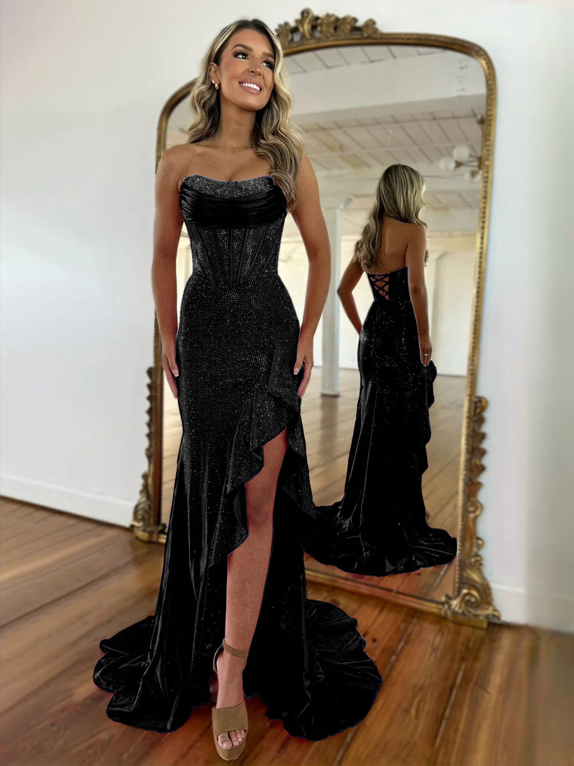 Draped Corset Ruffled Slit Sweetheart Mermaid Maxi Satin Prom Dress for Formal Reception