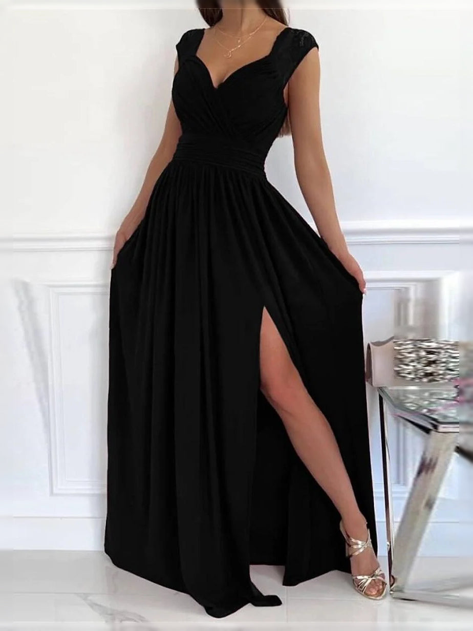 Ruched Pleated Draped Slit V Neck A-Line Floor-Length Chiffon Prom Dress for Prom Night