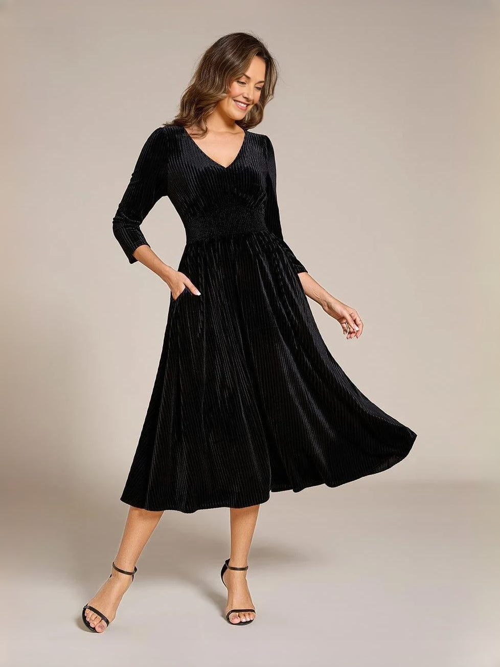 V Neck A-Line Midi Velvet Mother of the Bride Dress for Seaside Wedding