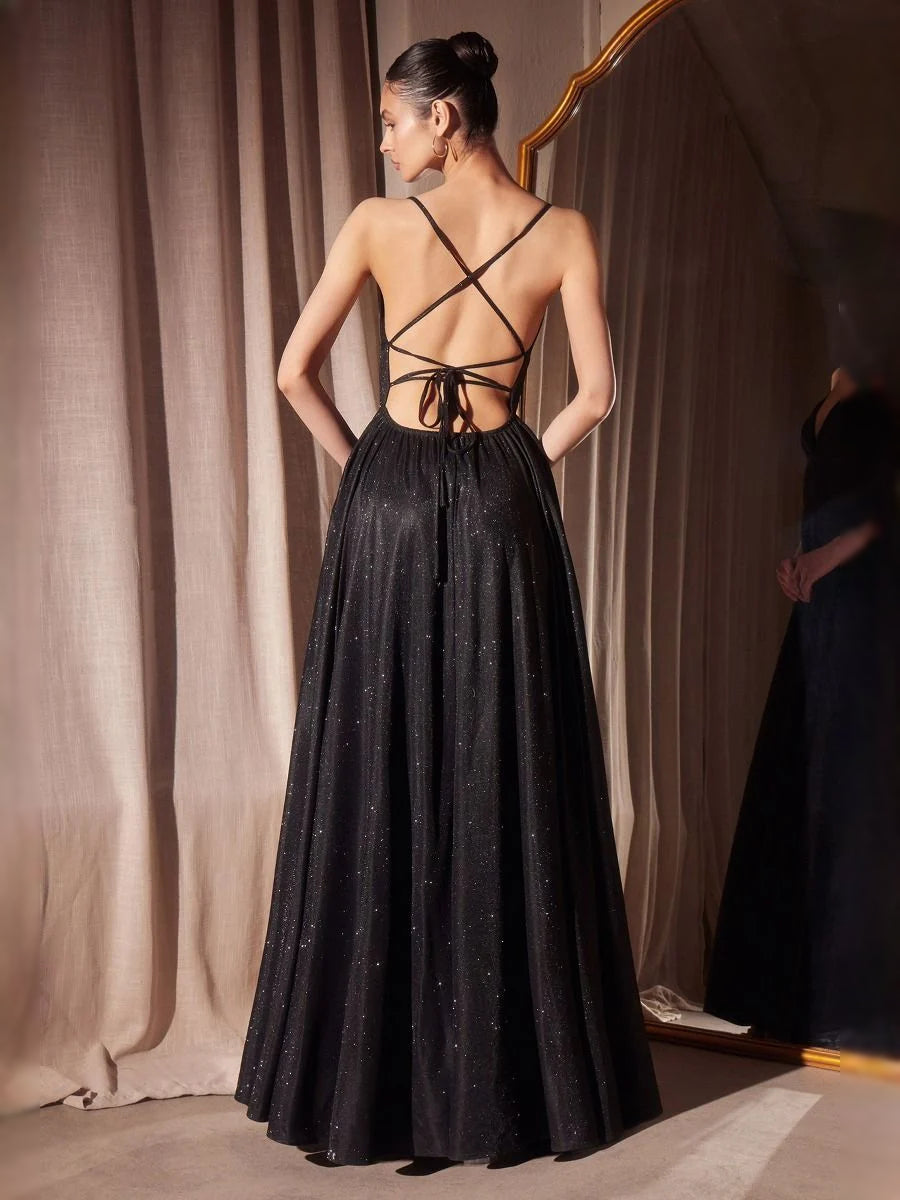 Glitter Slit V Neck A-Line Floor-Length Prom Dress for Special Occasion