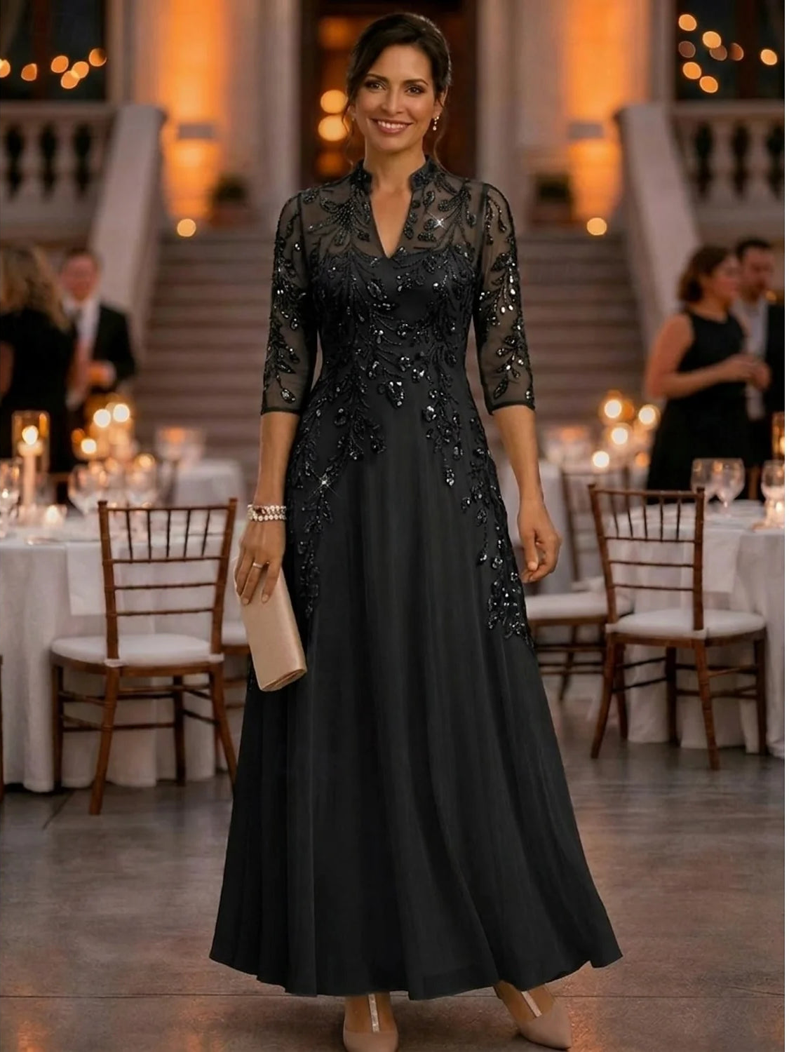 Embroidered Sequin High Neck A-Line Floor-Length Chiffon Mother of the Bride Dress for Evening Wedding