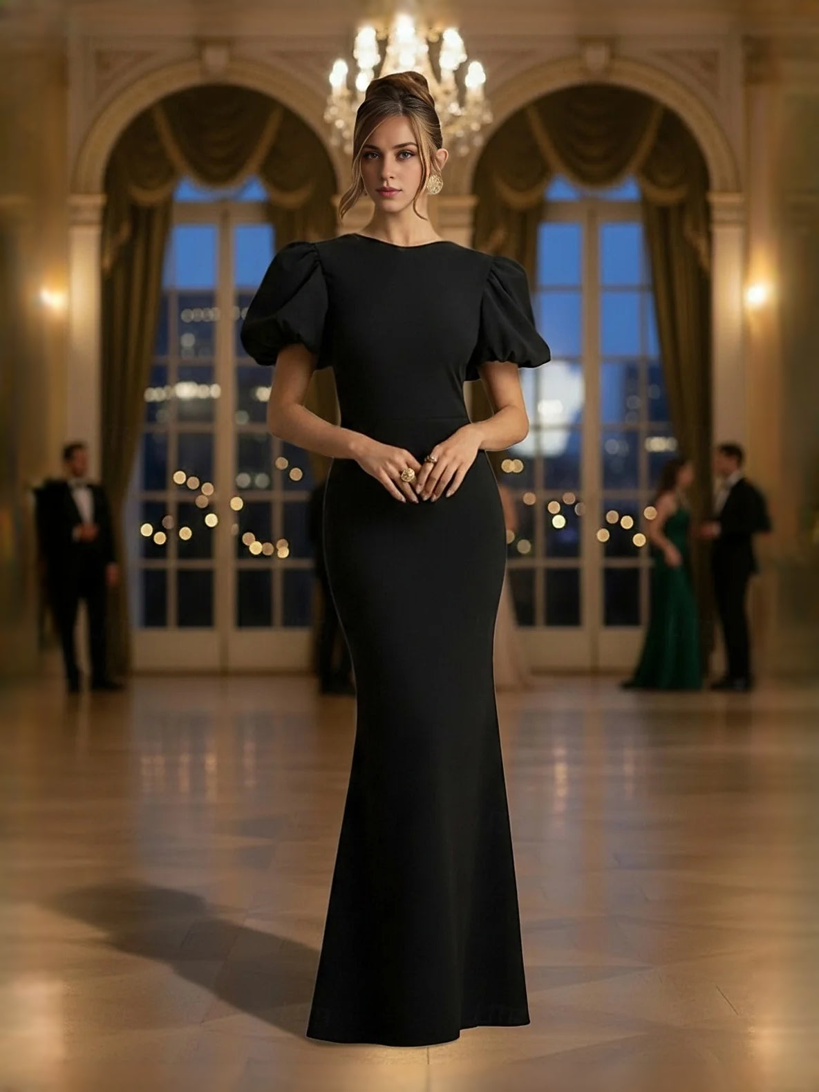 Black Cut-Out Bow Short-Sleeve Mermaid Maxi Prom Dress for Prom Night