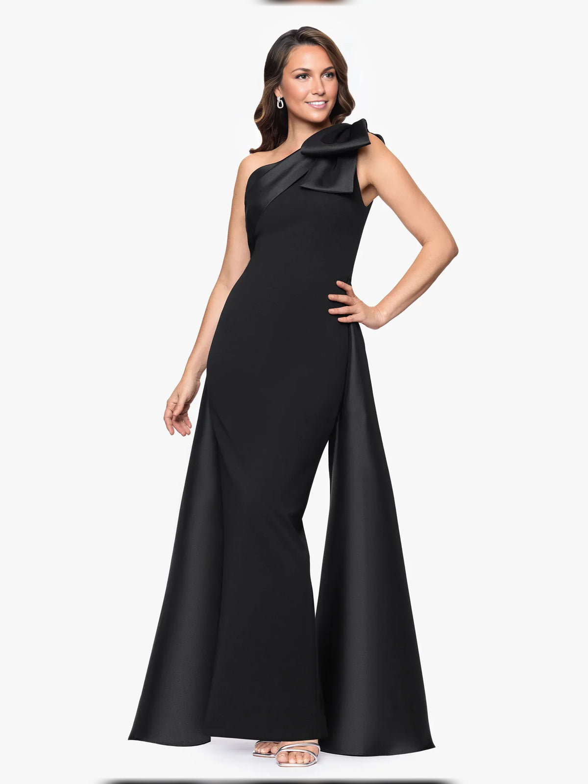 Bow Slit One Shoulder Sheath Floor-Length Crepe Mother of the Bride Dress for Evening Reception