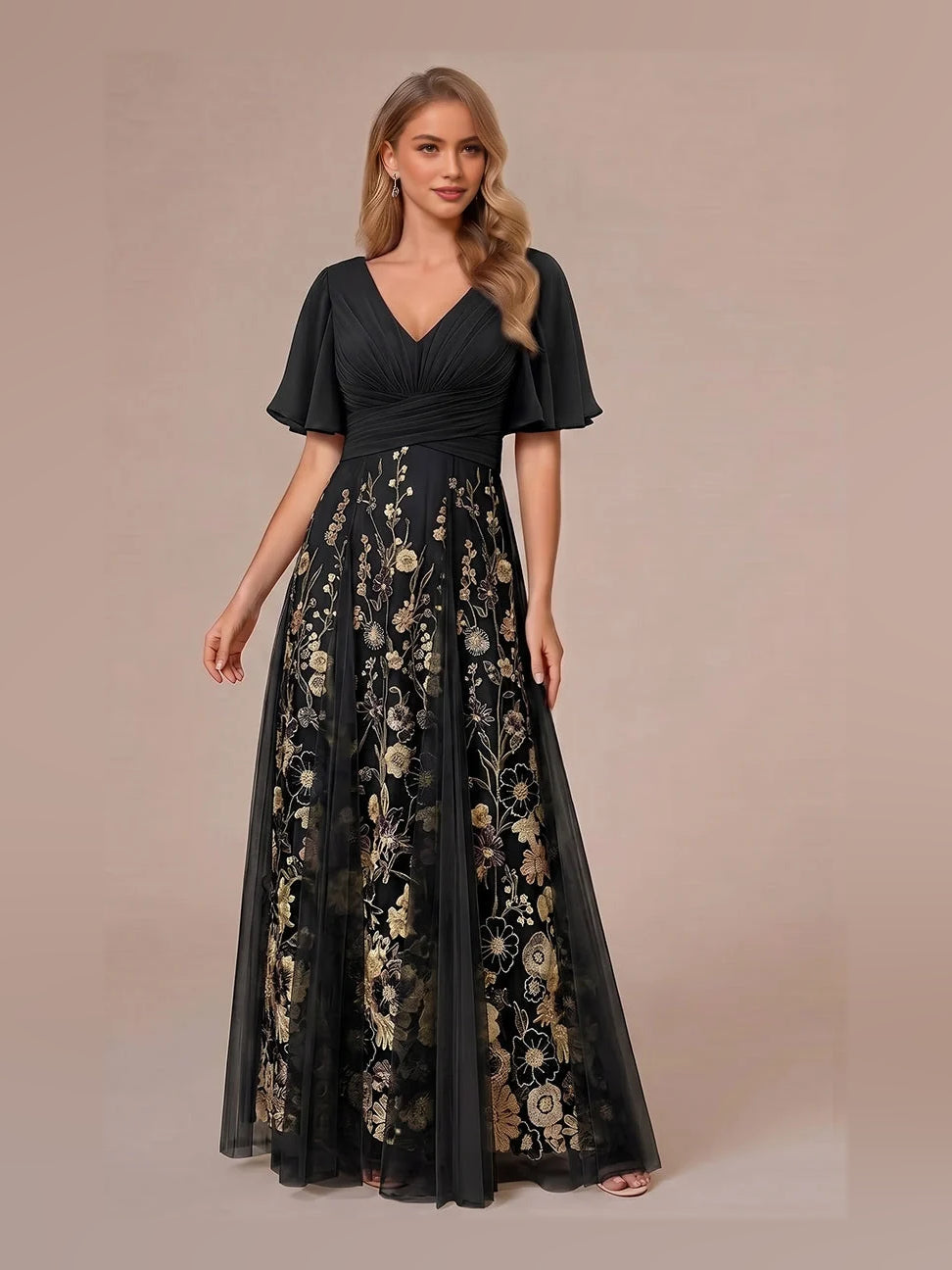 Ruched Embroidered Floral V Neck A-Line Floor-Length Chiffon Mother of the Bride Dress for Wedding Reception