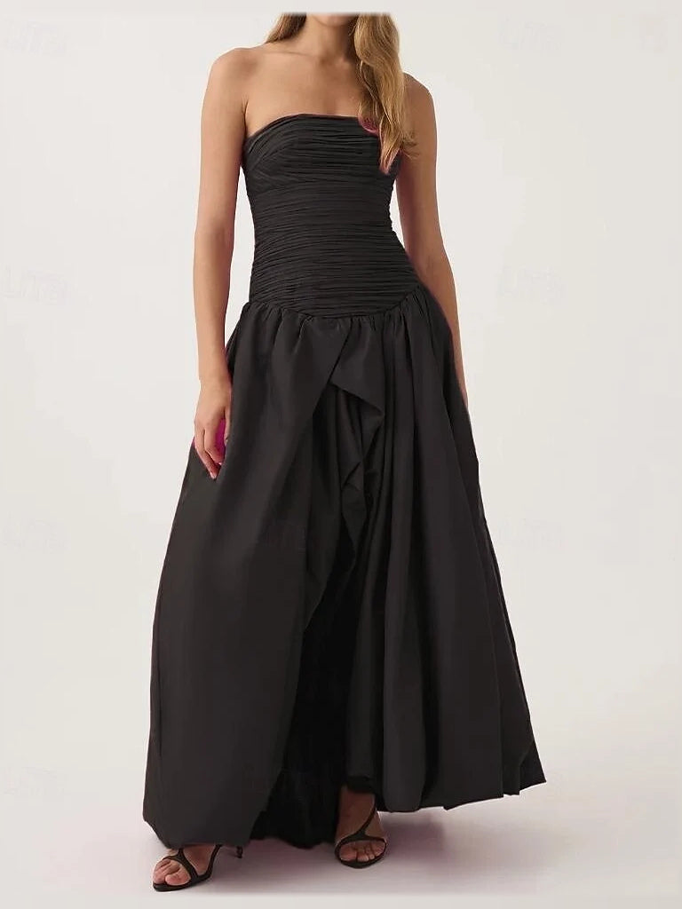 Ruched Strapless A-Line Maxi Satin Prom Dress for Black Tie Event