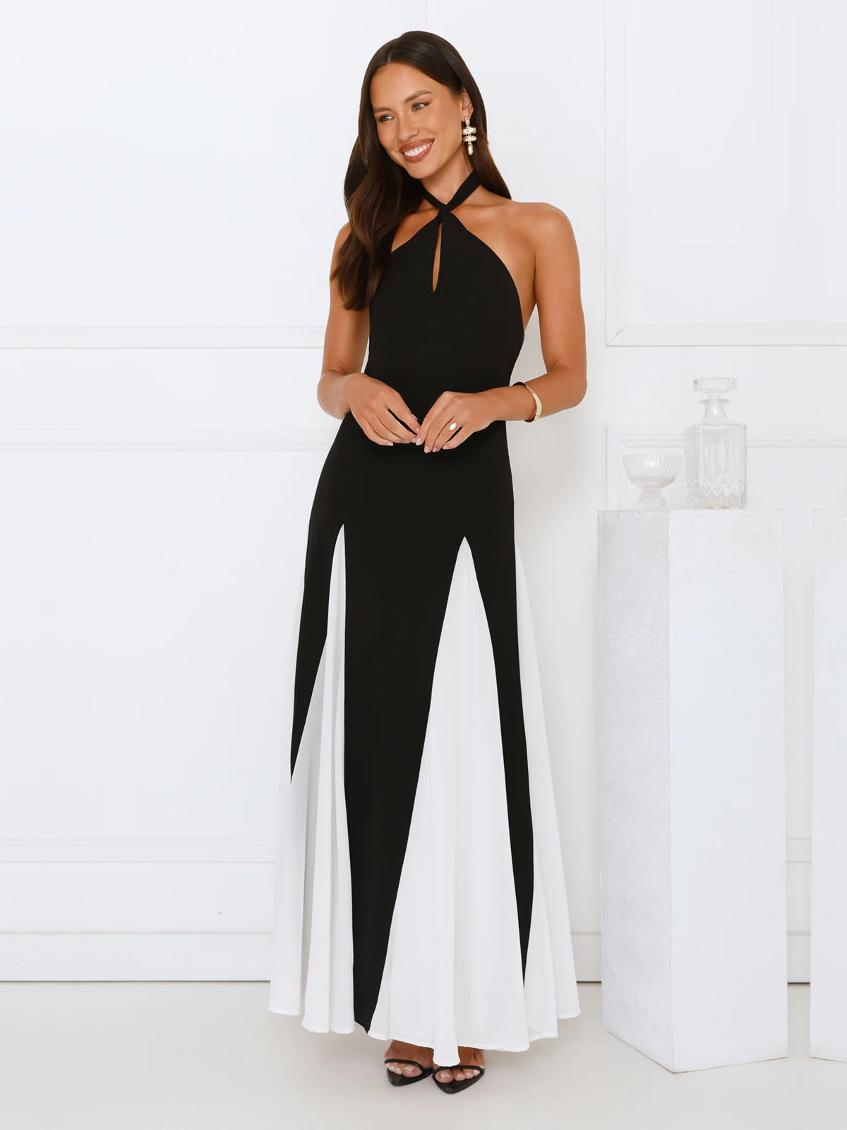 Black Halter Neck Cutout Sheath Maxi Starry Formal Dress