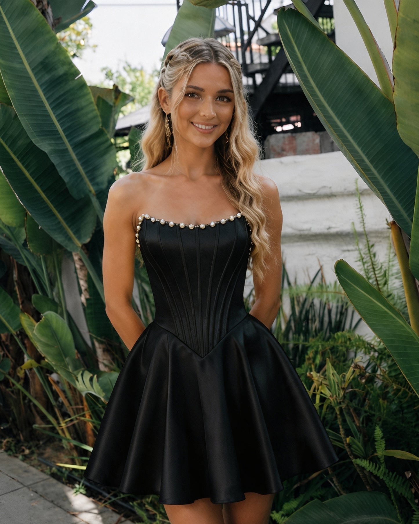Strapless Pearl Trim Satin Corset Homecoming Dress