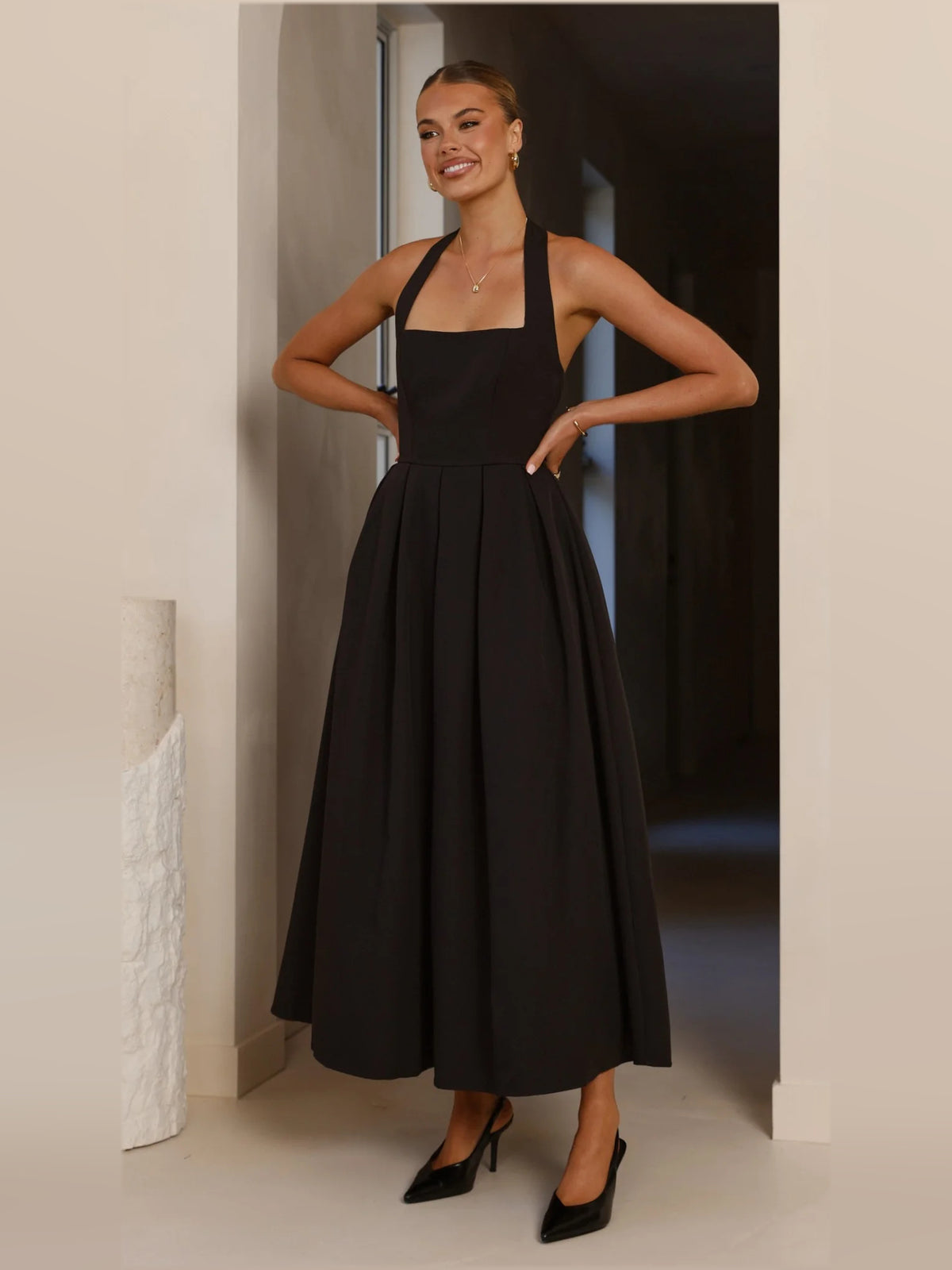 Black Halter Neck A-Line Maxi Kristen Formal Dress