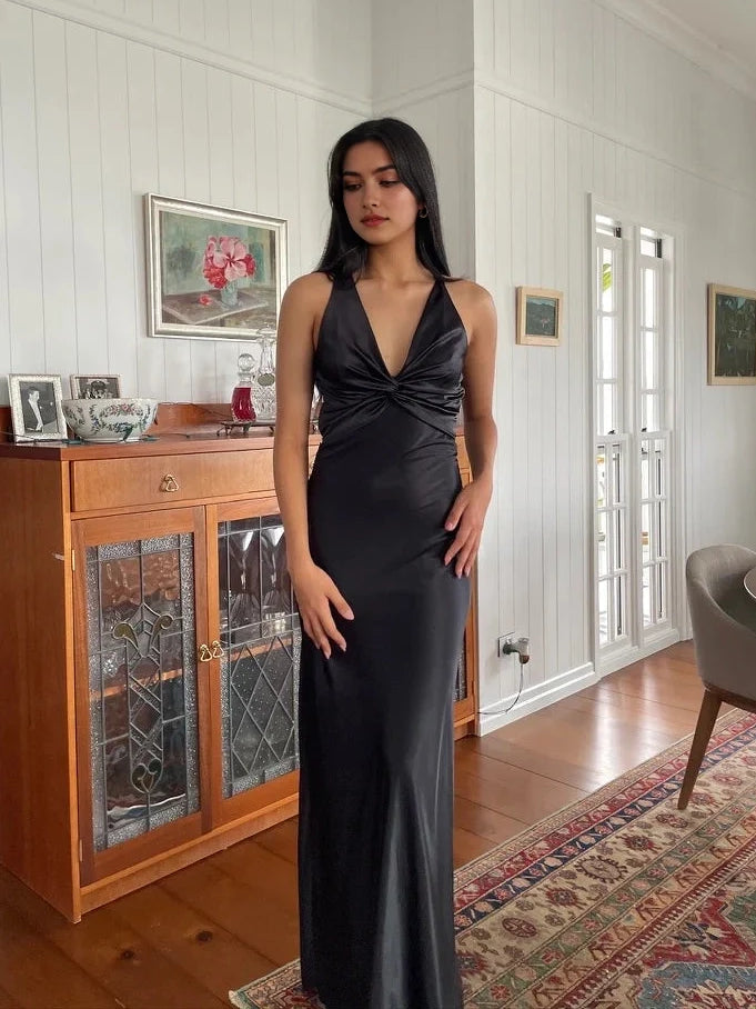 Bow V Neck Sheath Floor-Length Satin Bridesmaid Dress for Garden Wedding