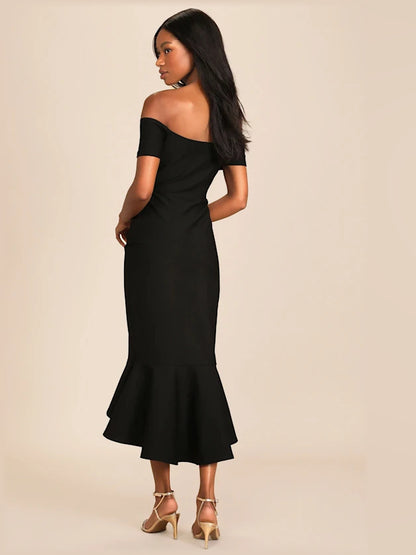 How Much I Care Off-The-Shoulder Midi Formal Dress