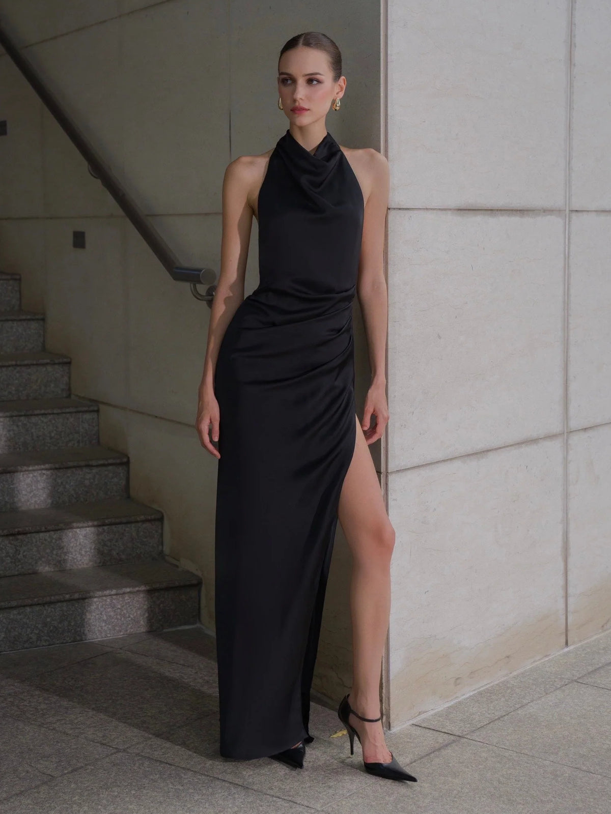 Ruched Side-Slit Slit Cowl Neck Sheath Maxi Satin Bridesmaid Dress for Estate Wedding